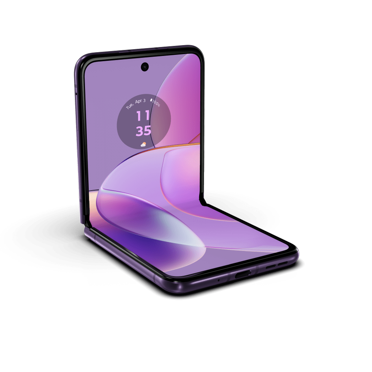 Fioletowy składany smartfon z częściowo otwartym ekranem, pokazujący jasnofioletowy wyświetlacz.