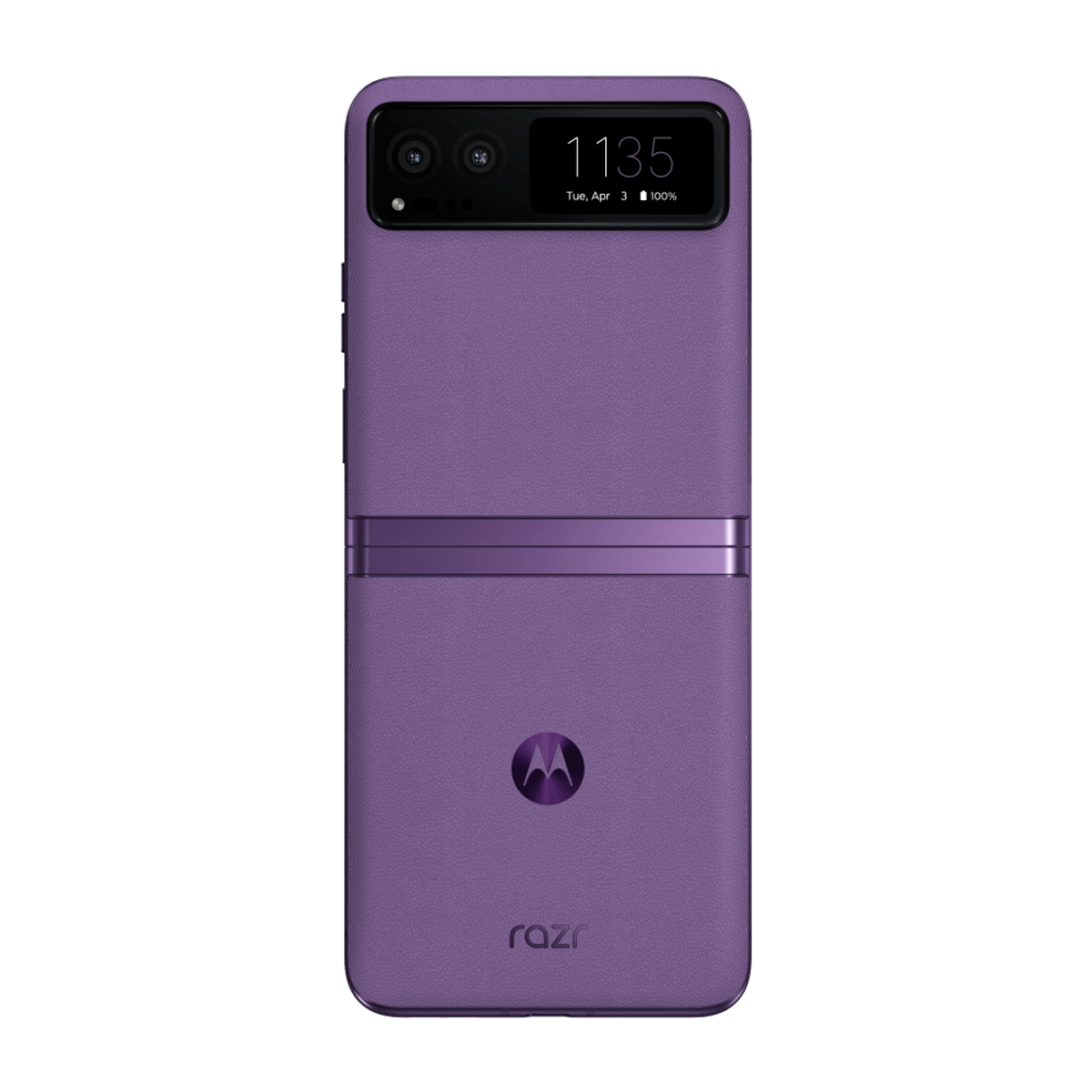 Fioletowy składany telefon Motorola Razr. Telefon jest zamknięty, pokazując zewnętrzny ekran.