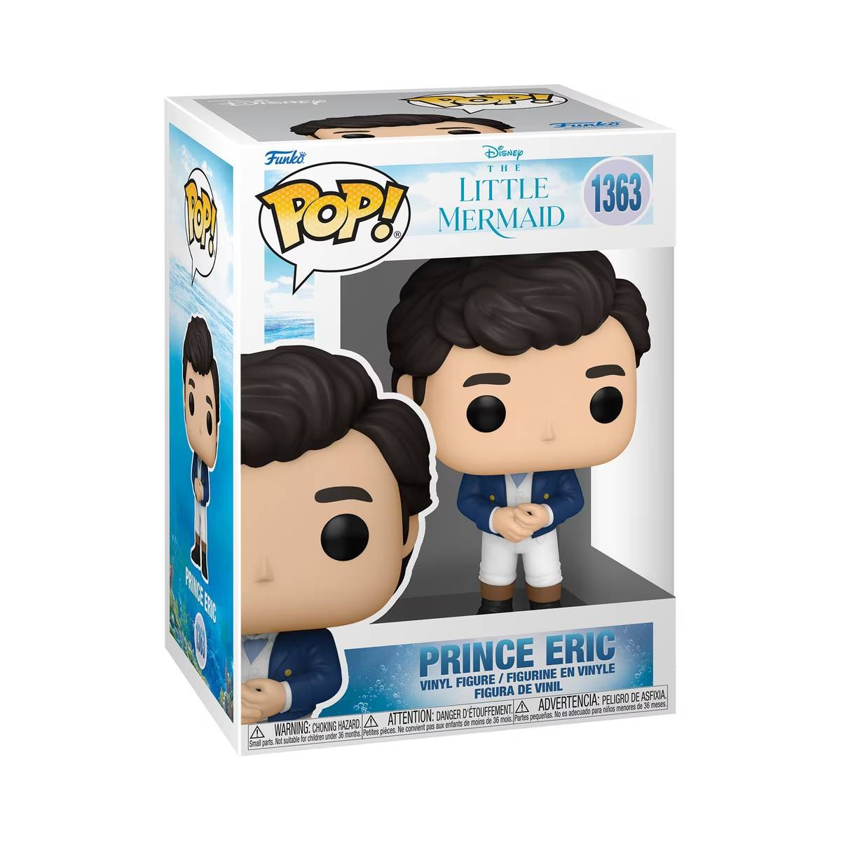 Funko Pop Figur von Prinz Eric in einer Box. Er trägt eine blaue Jacke und eine weiße Hose. Box enthält Filmtitel.