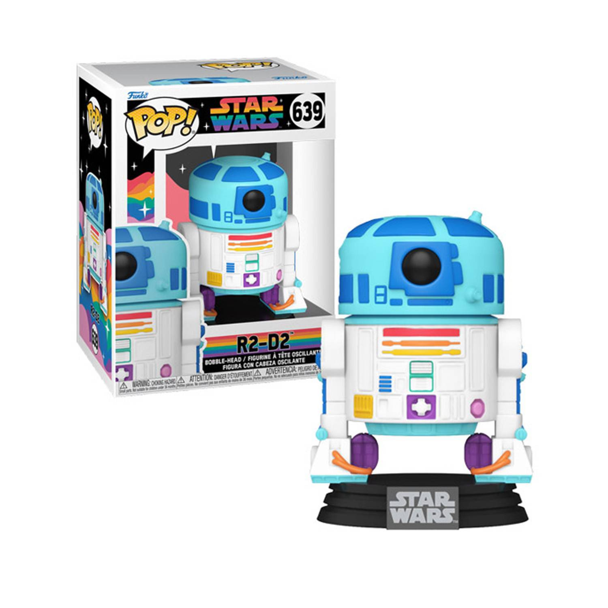 Funko Pop! Star Wars R2-D2 Figur. Blau und weiß mit einer Box im Regenbogen-Design.