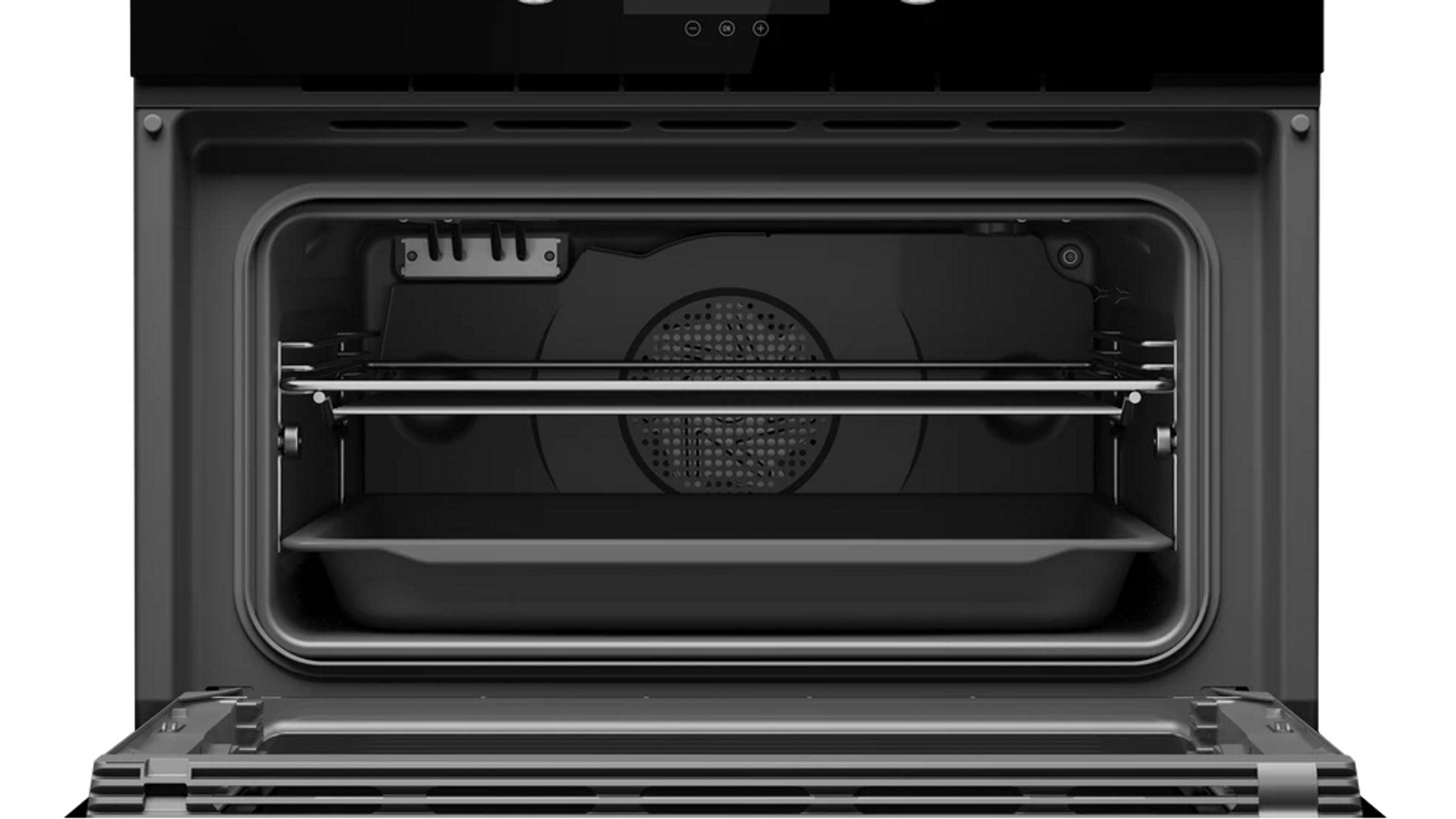 Czarne wnętrze piekarnika z rusztami i wentylatorem.