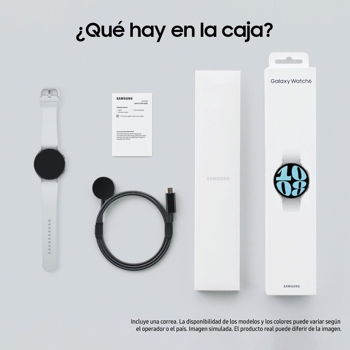 Contenido de la caja del Samsung Galaxy Watch6: reloj, cargador, cable y documentos.