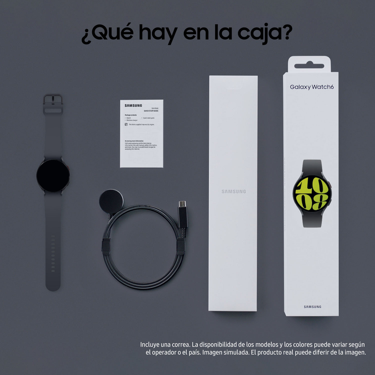 Contenido: reloj, cargador, guía rápida y cable sobre fondo oscuro.