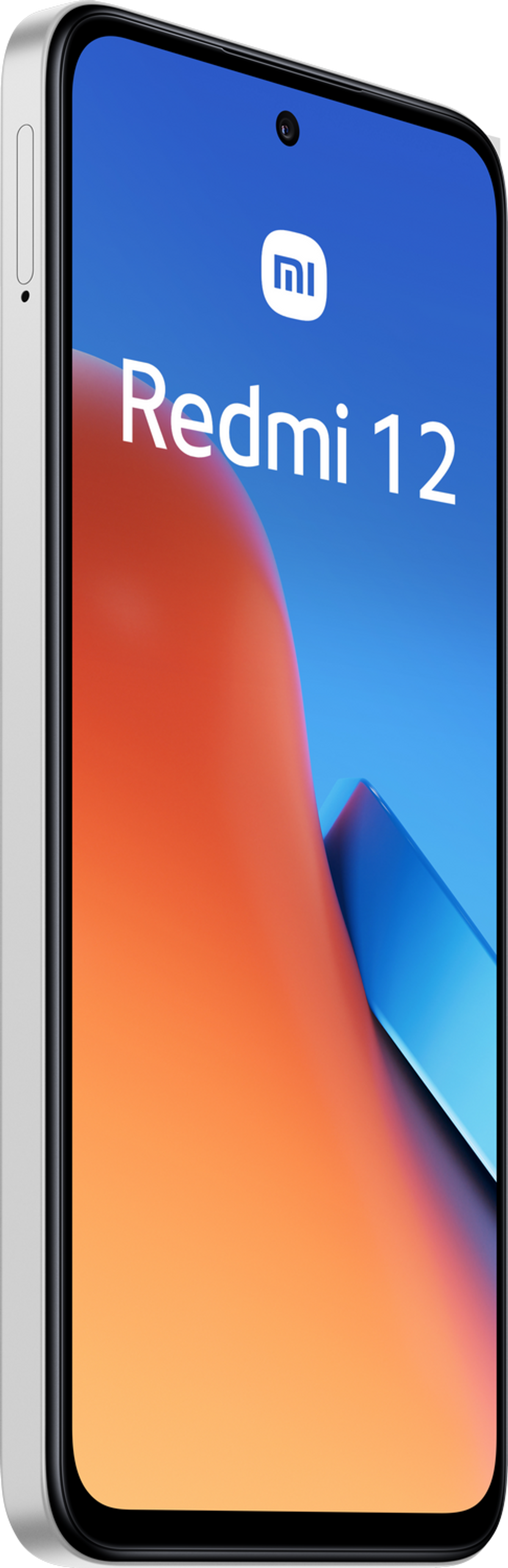 Smartphone Xiaomi Redmi 12 blanco, ligeramente angulado, con fondo azul y naranja.