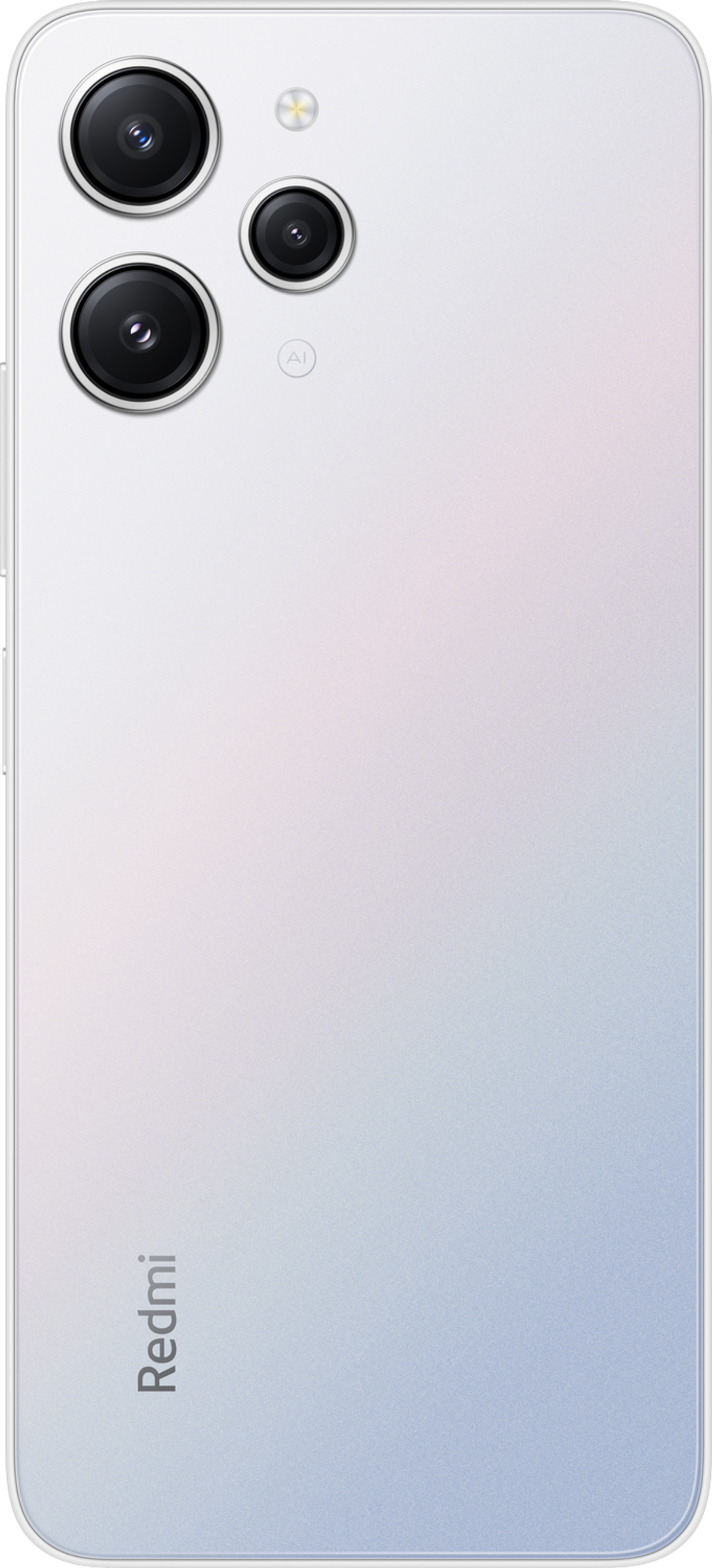 Parte trasera de smartphone blanco con tres cámaras y logo Redmi.