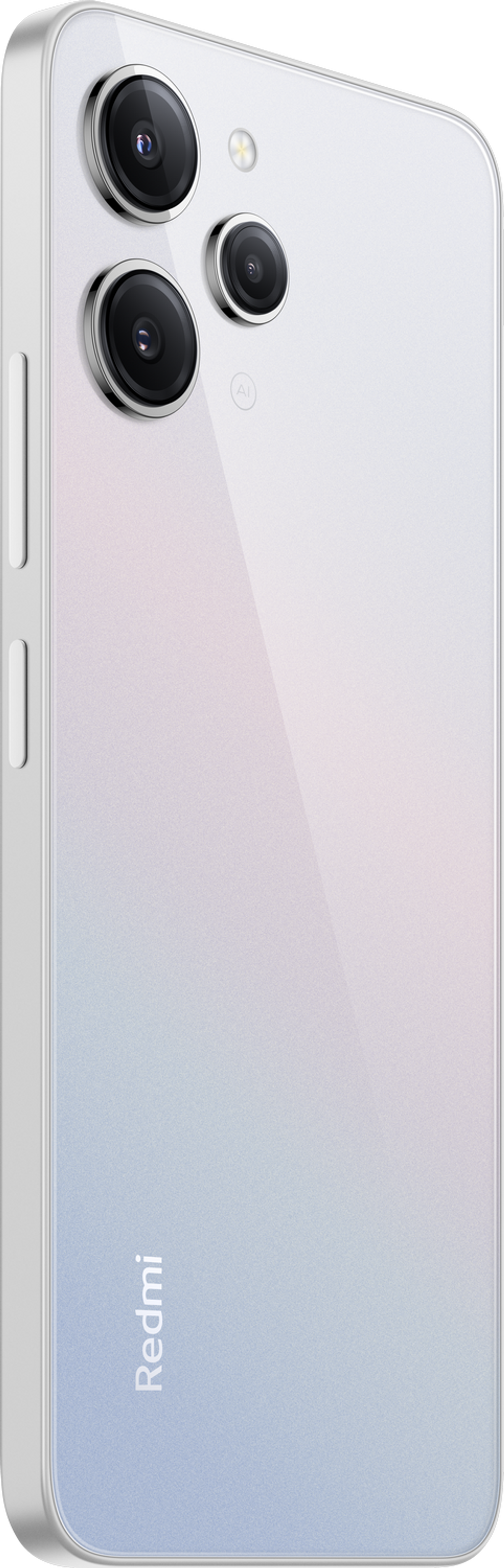 Smartphone blanco con tres cámaras traseras y un logo Redmi. El teléfono está en ángulo, fondo blanco.