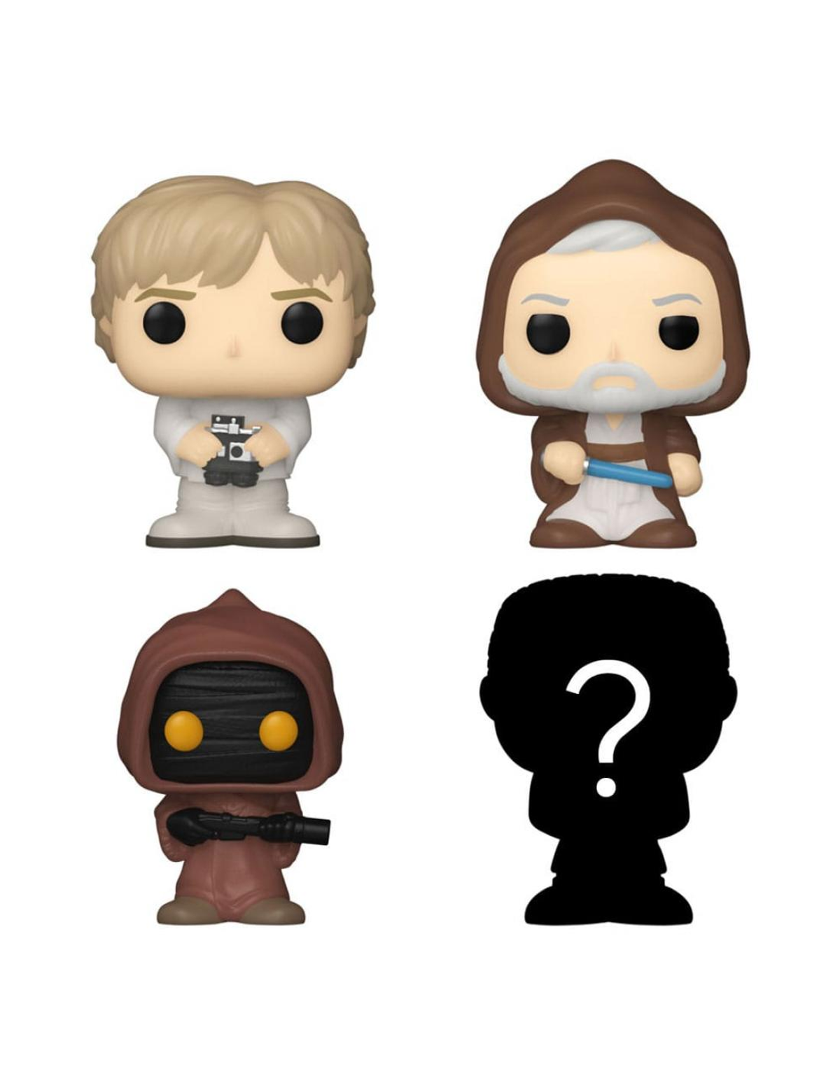 Vier Star Wars Funko Pop-figuren: Luke, Obi-Wan, een Jawa en een mysteriefiguur.