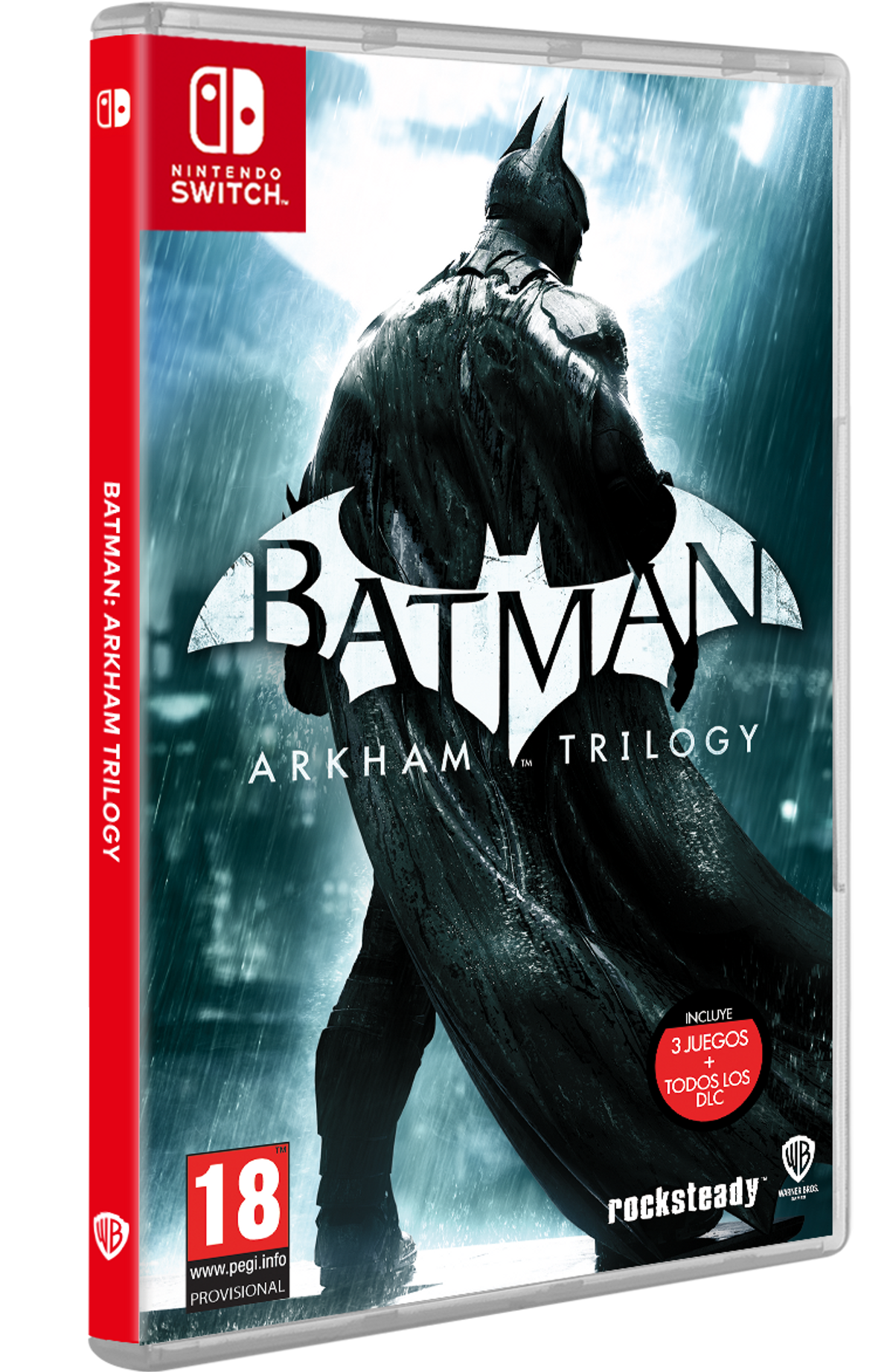 Pudełko z grą wideo 'Batman: Arkham Trilogy' na Nintendo Switch, z grafiką Batmana.