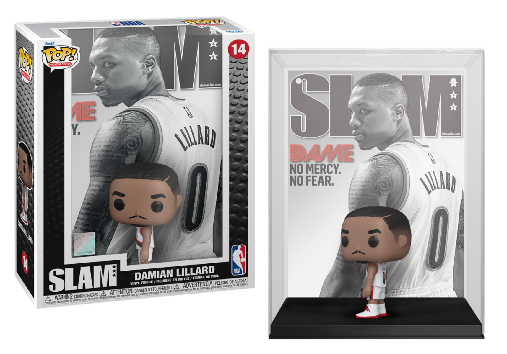 Figura Funko Pop de Damian Lillard en caja y exhibida, con camiseta.