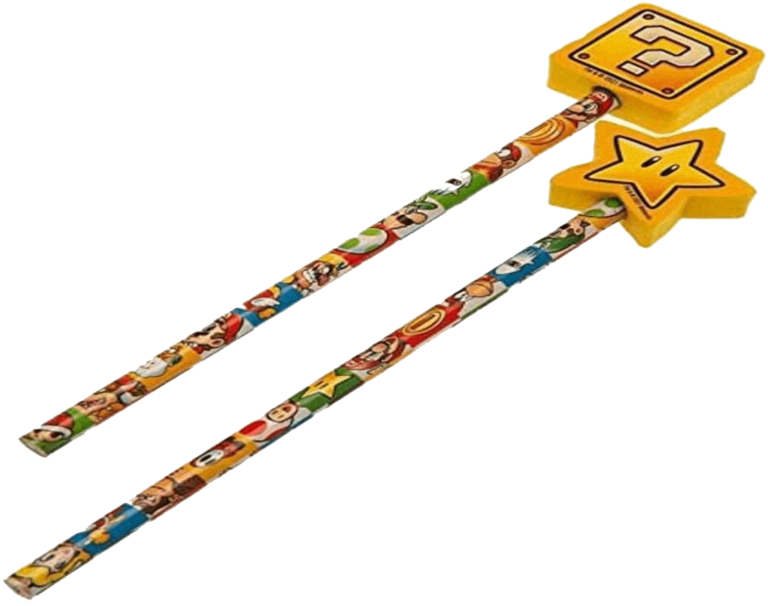 Zwei Bleistifte mit Mario-Figuren darauf und Radiergummis in Form eines Fragezeichens und eines Sterns.