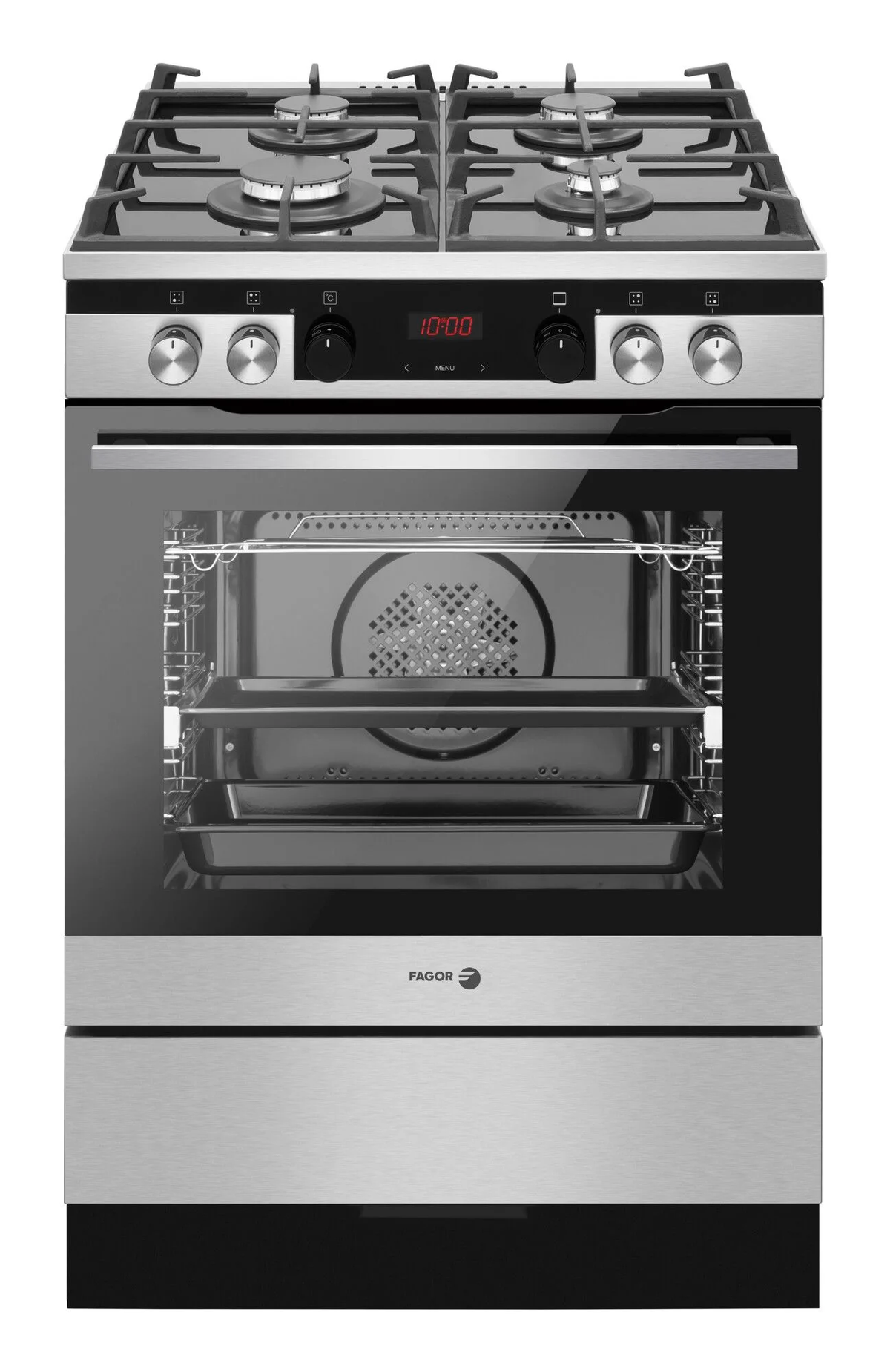 Horno Fagor con una placa de cocina de cuatro quemadores. Muestra el interior del horno y el panel de control con pantalla.
