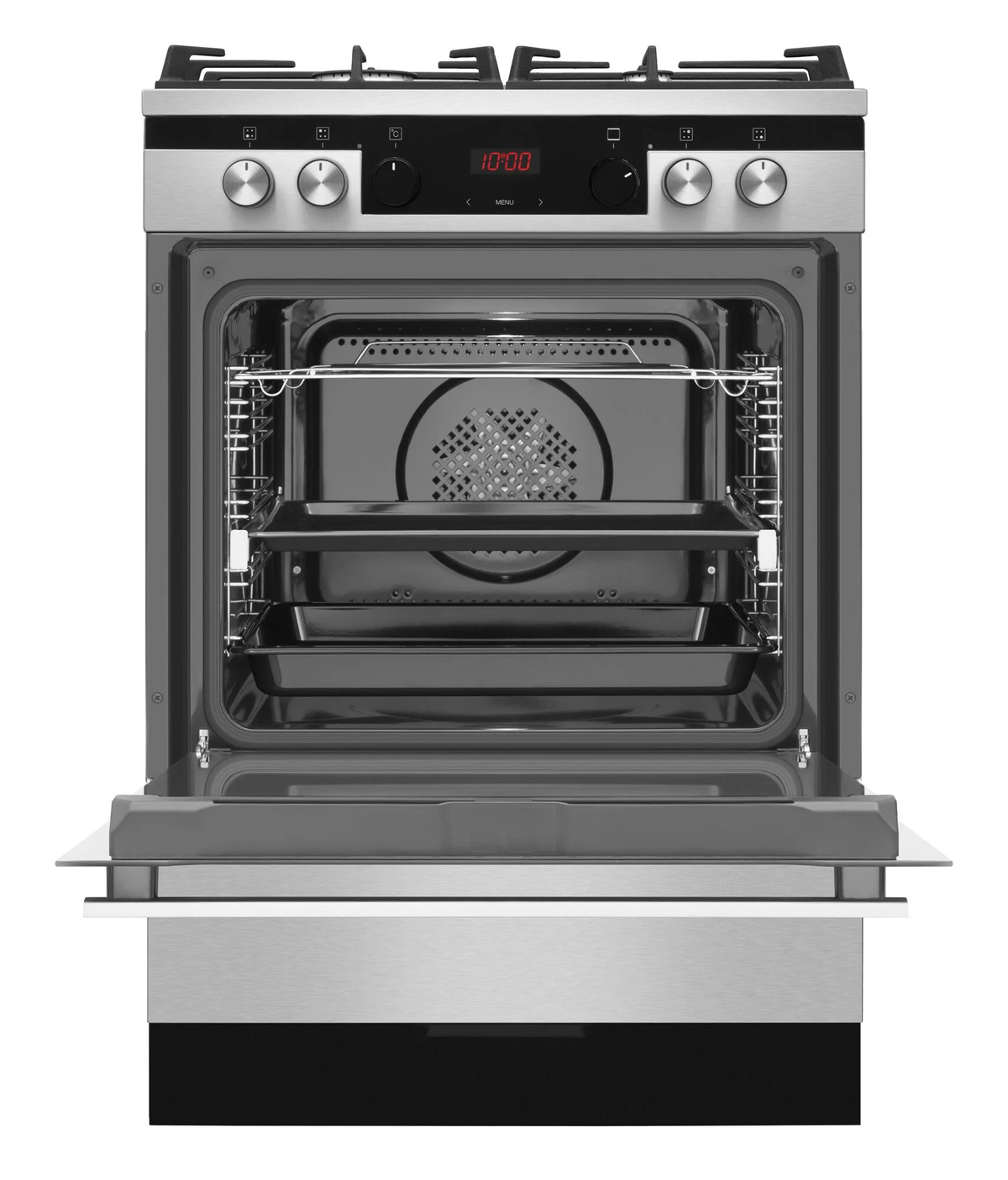 Horno de acero inoxidable con puerta abierta. Interior muestra rejillas y bandejas. Reloj digital muestra 10:00. Mandos y fuegos visibles.