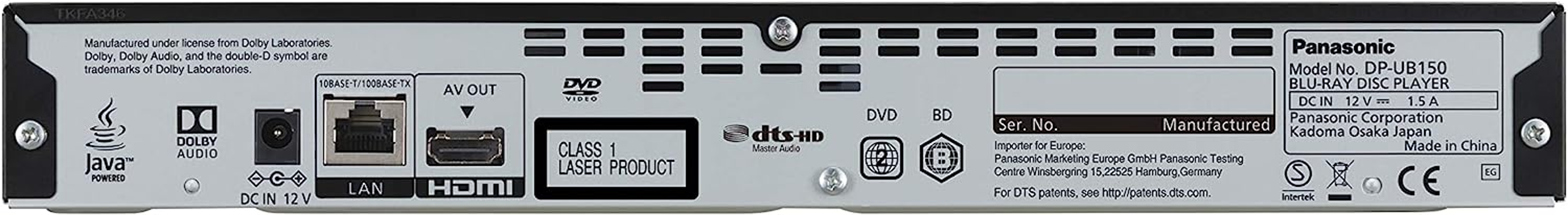 Panel tylny odtwarzacza Blu-ray Disc Panasonic. Zawiera porty, etykiety i informacje regulacyjne.