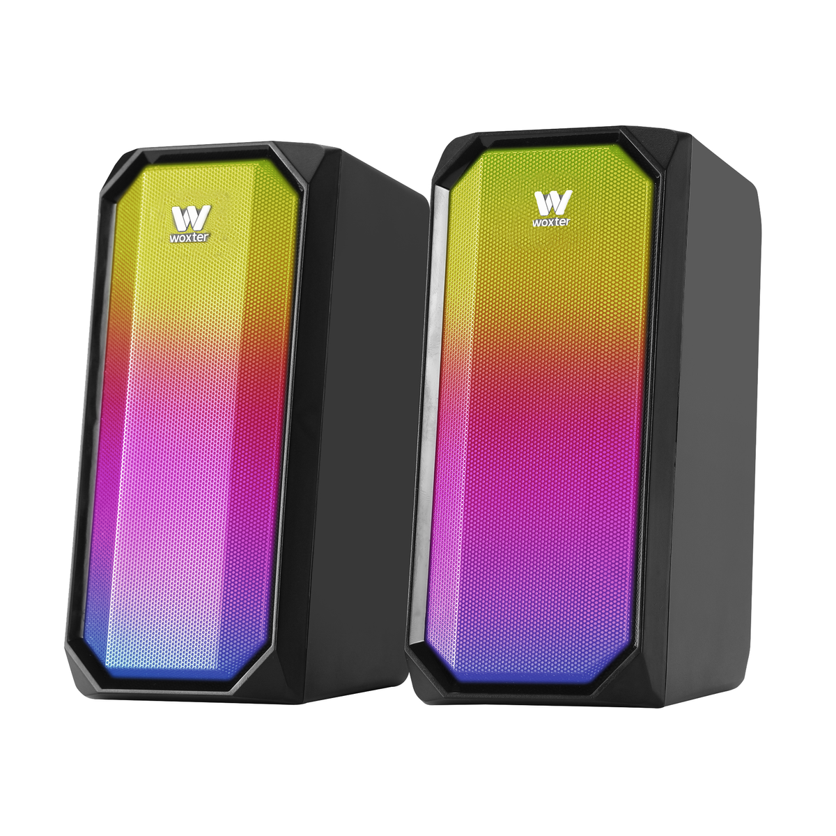 Dos altavoces de computadora negros con frentes brillantes de colores, sobre un fondo blanco.