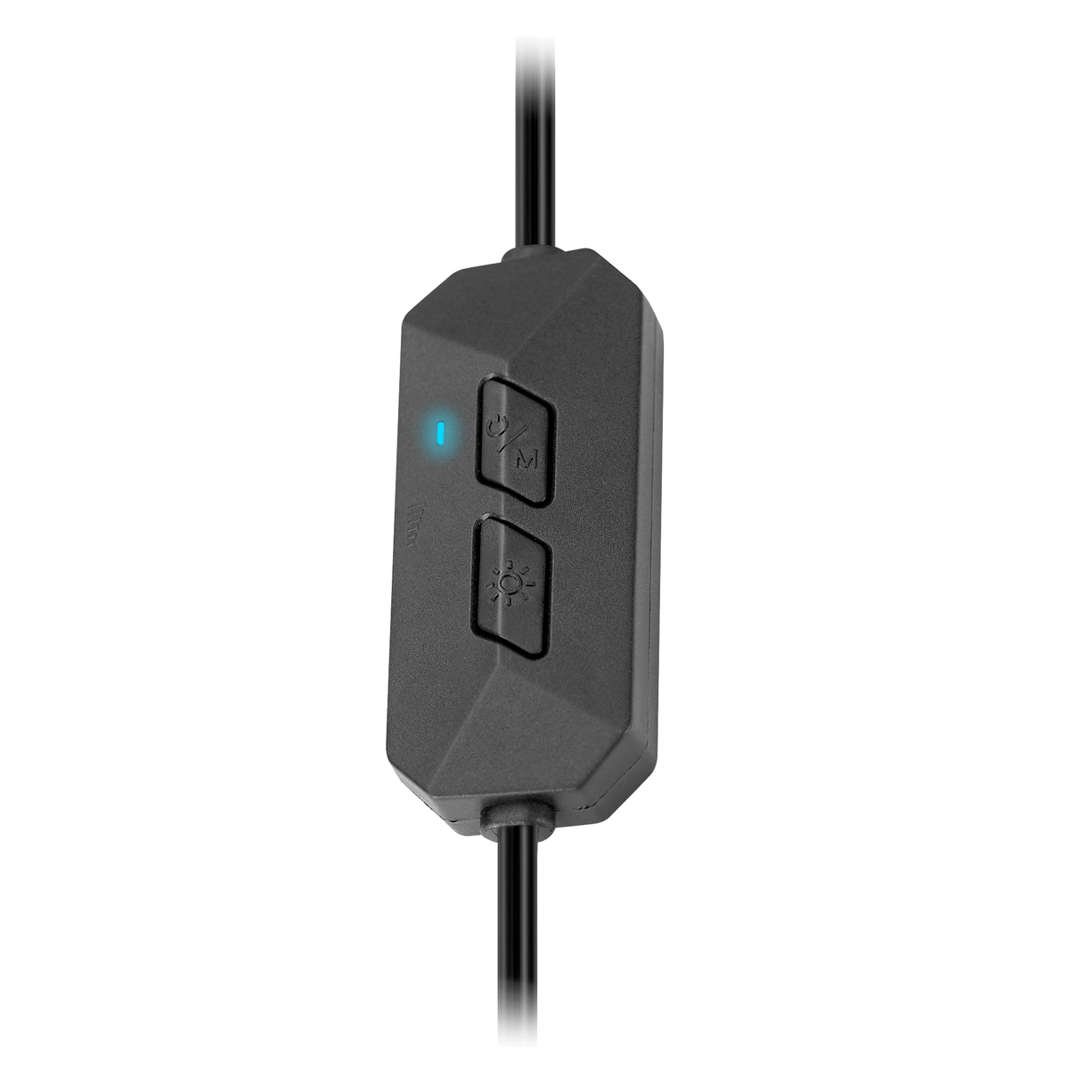 Control de audio negro en cables negros. Se ven dos botones y una luz azul.