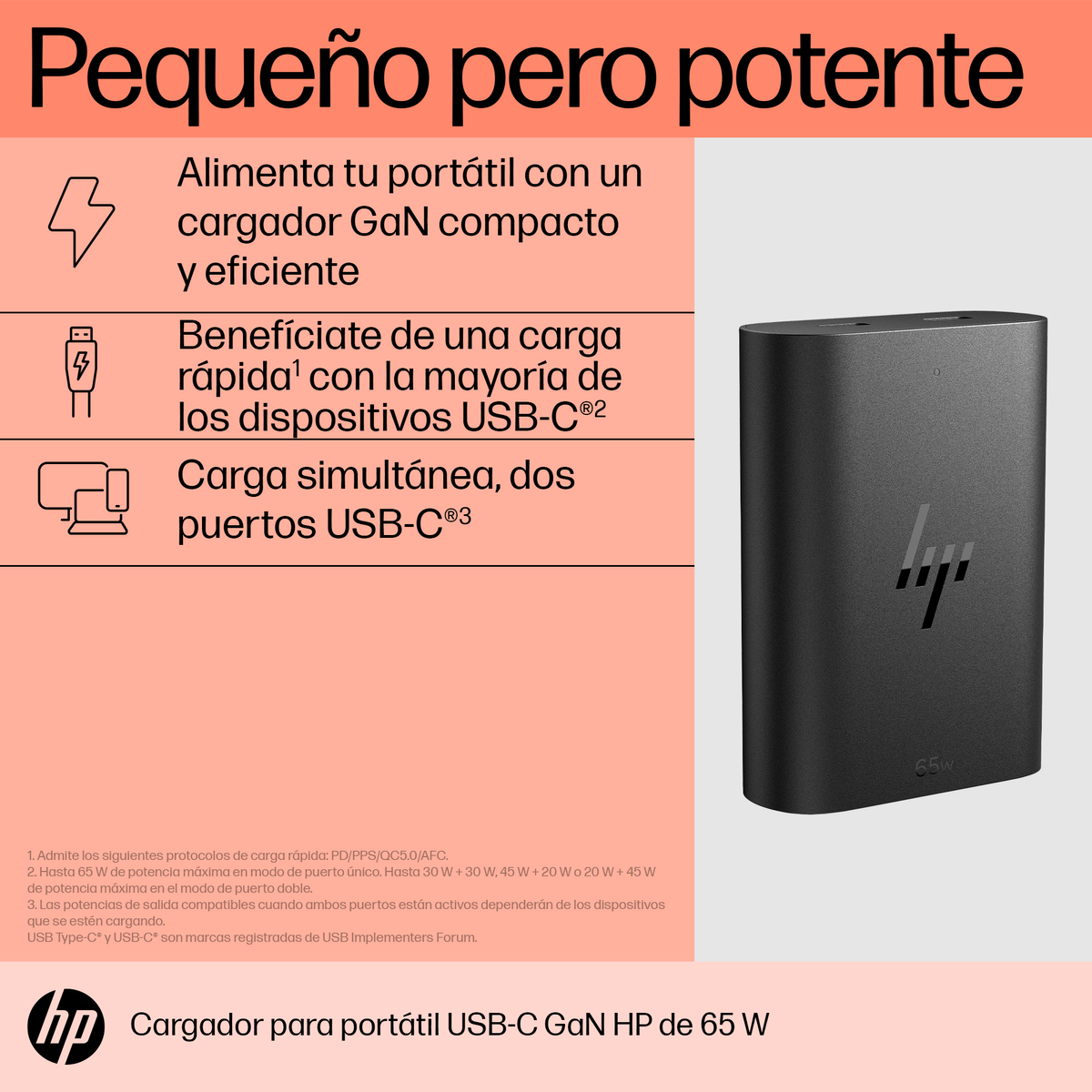 Un caricatore USB-C HP nero con testo: compatto, efficiente, per laptop. Testo e grafica sul caricatore.