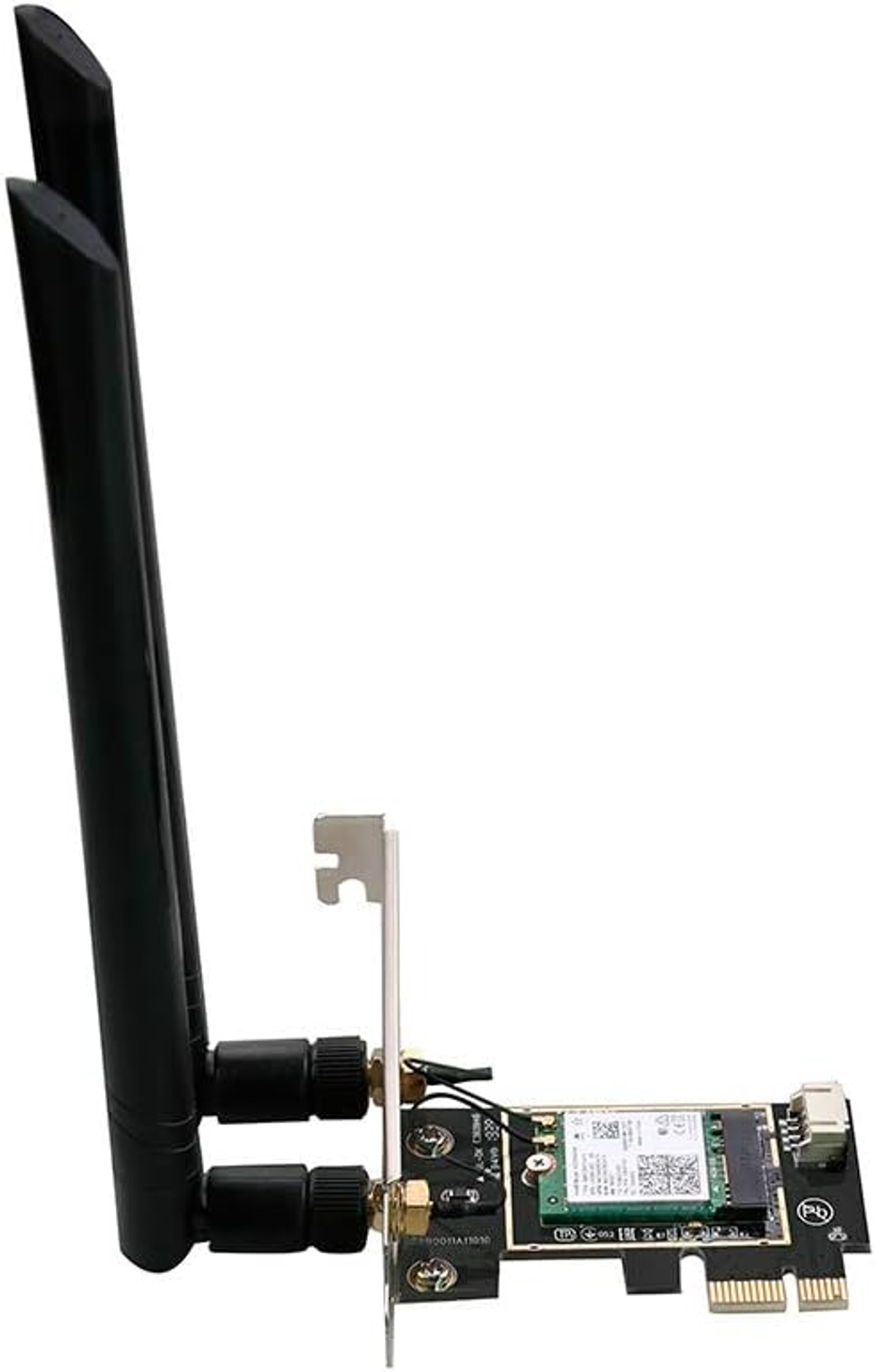 Czarna karta WiFi z dwiema antenami. Posiada płytkę drukowaną i wspornik.