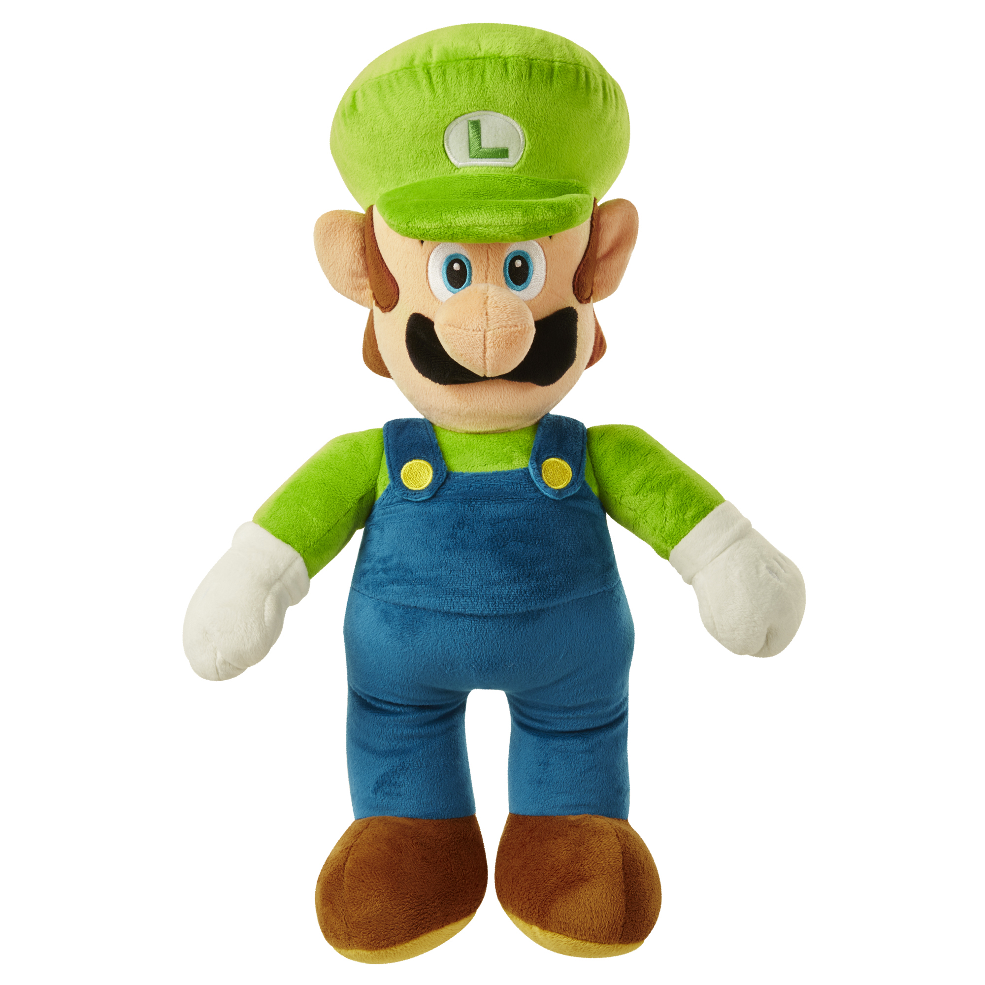 Luigi-Plüschtier mit grüner Mütze, grünem Hemd, blauer Latzhose und braunen Schuhen, weißer Hintergrund.