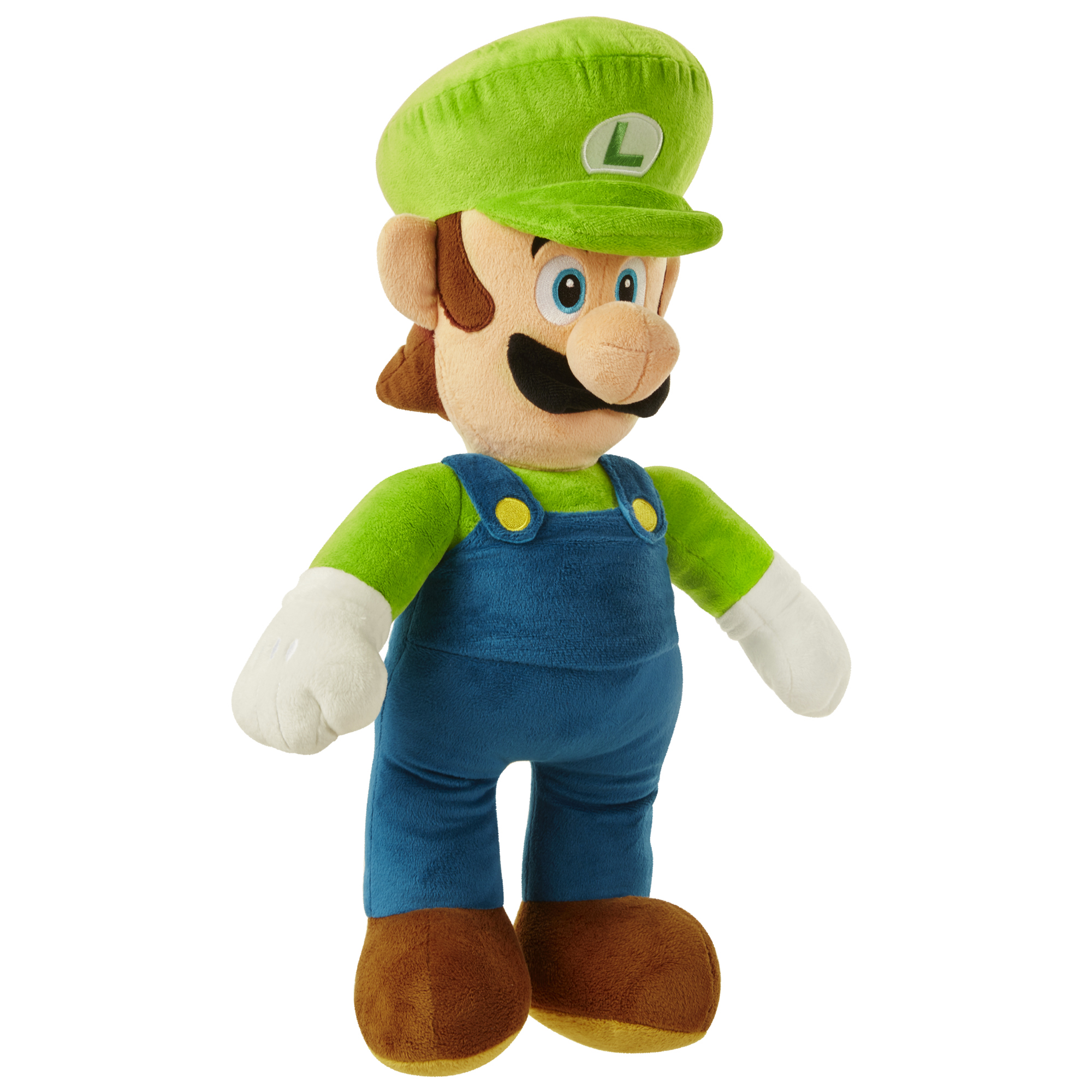 Eine Plüschpuppe von Luigi mit grüner Mütze und Shirt, blauen Latzhosen und weißen Handschuhen.