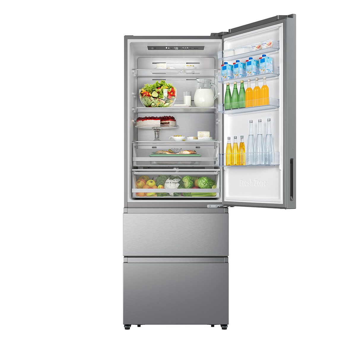 Un refrigerador moderno con la puerta abierta, que revela estantes de comida y bebidas. El diseño es contemporáneo.