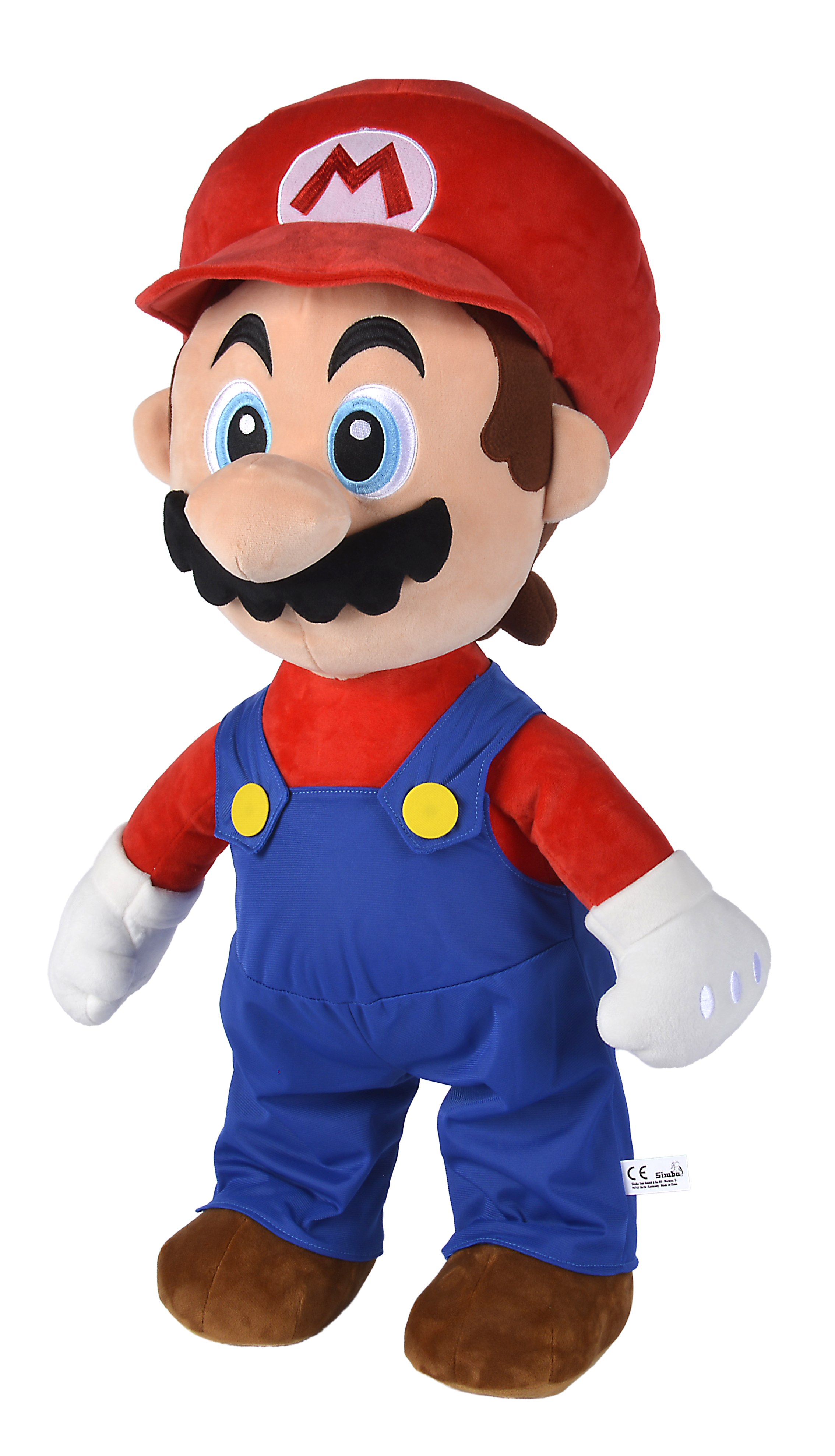 Mario-Plüschtier mit roter Mütze und Latzhose. Er lächelt mit weißen Handschuhen und blauen Augen.