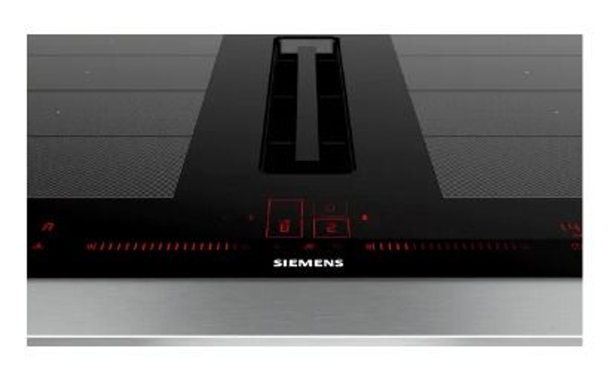 Placa de inducción Siemens negra con pantalla roja.