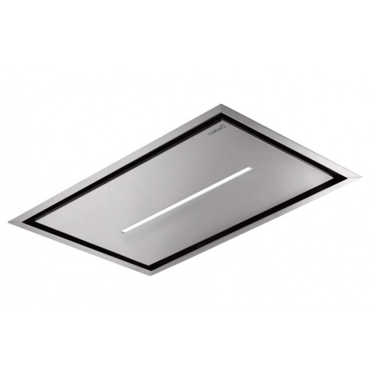 Ventilatore da soffitto rettangolare argentato con luce bianca centrale.