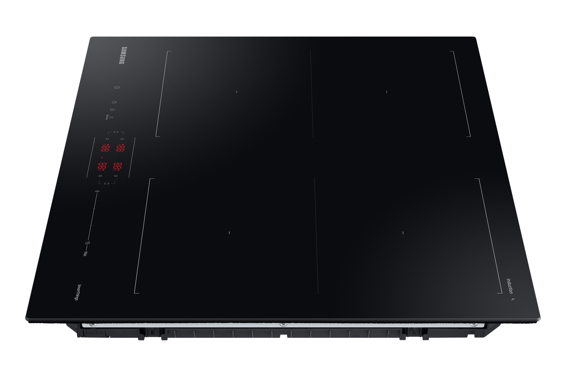 Placa de inducción negra con cuatro zonas de cocción y controles digitales.