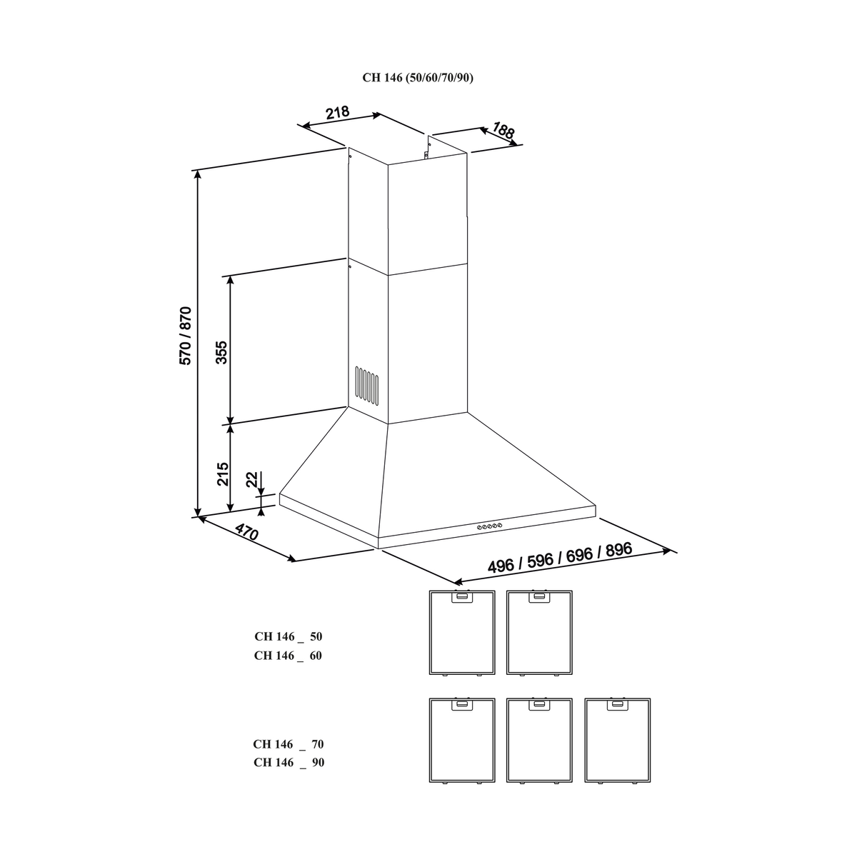 Dibujo técnico de una campana extractora con dimensiones en milímetros.