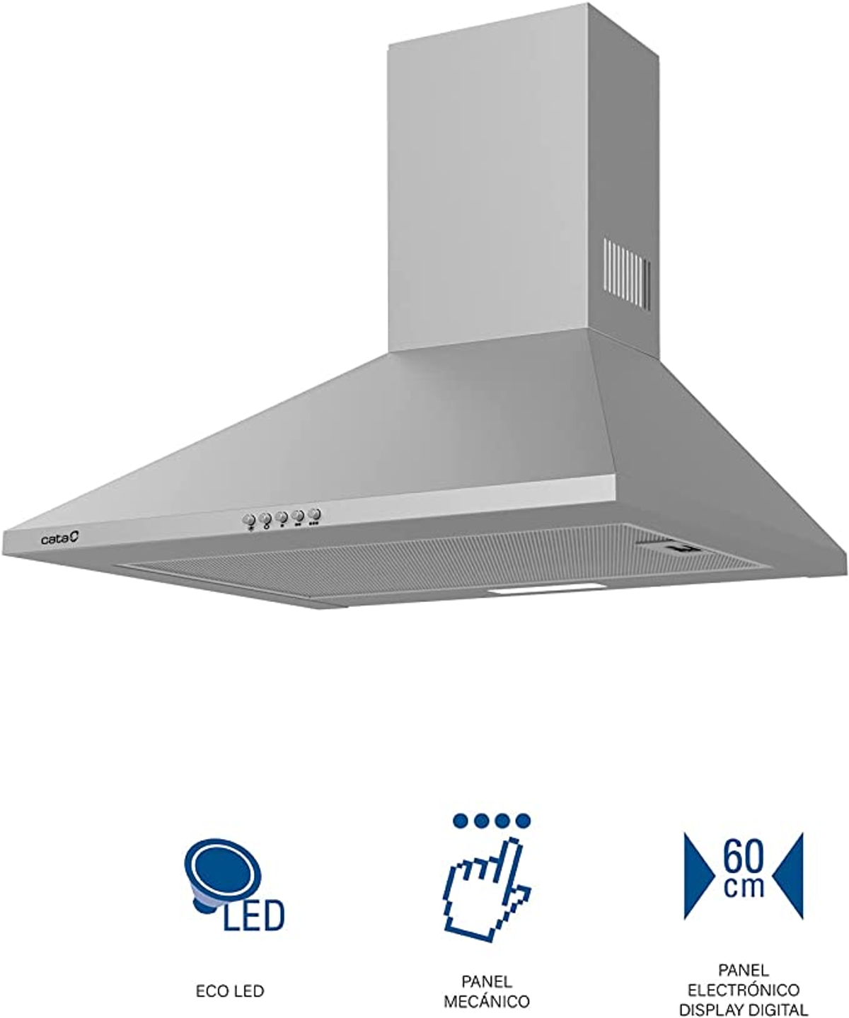 Cappa argentata con pulsanti e display digitale, con simboli LED e meccanici.