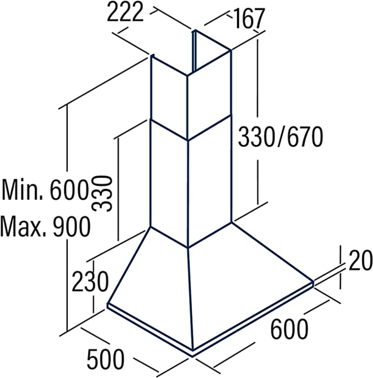 Diagramma di una cappa. Le dimensioni sono espresse in mm, comprese le misure di altezza, larghezza e profondità.