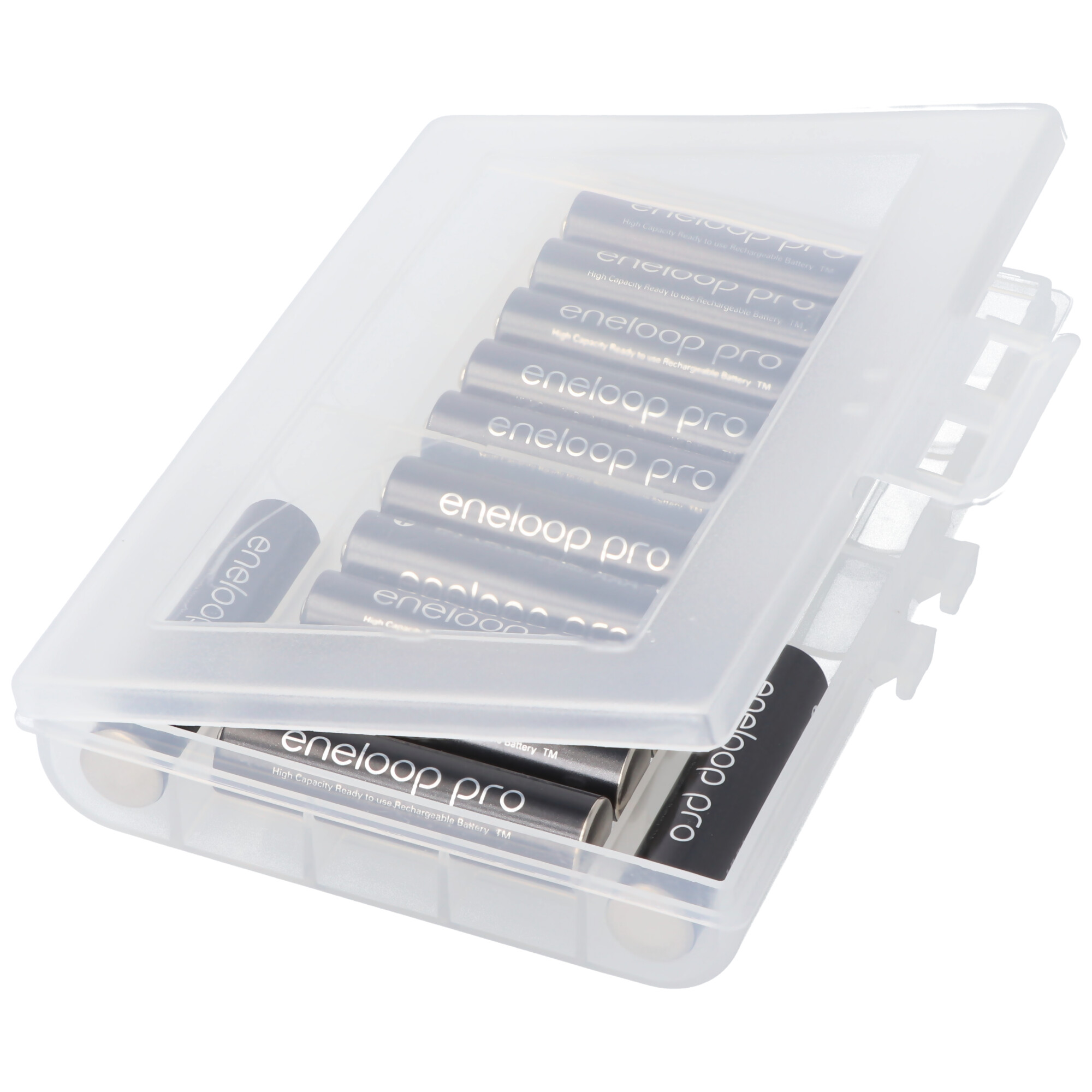 Eine transparente Kunststoffbox mit Batterien. Die Marke 'eneloop pro' ist auf den Batterien zu sehen.