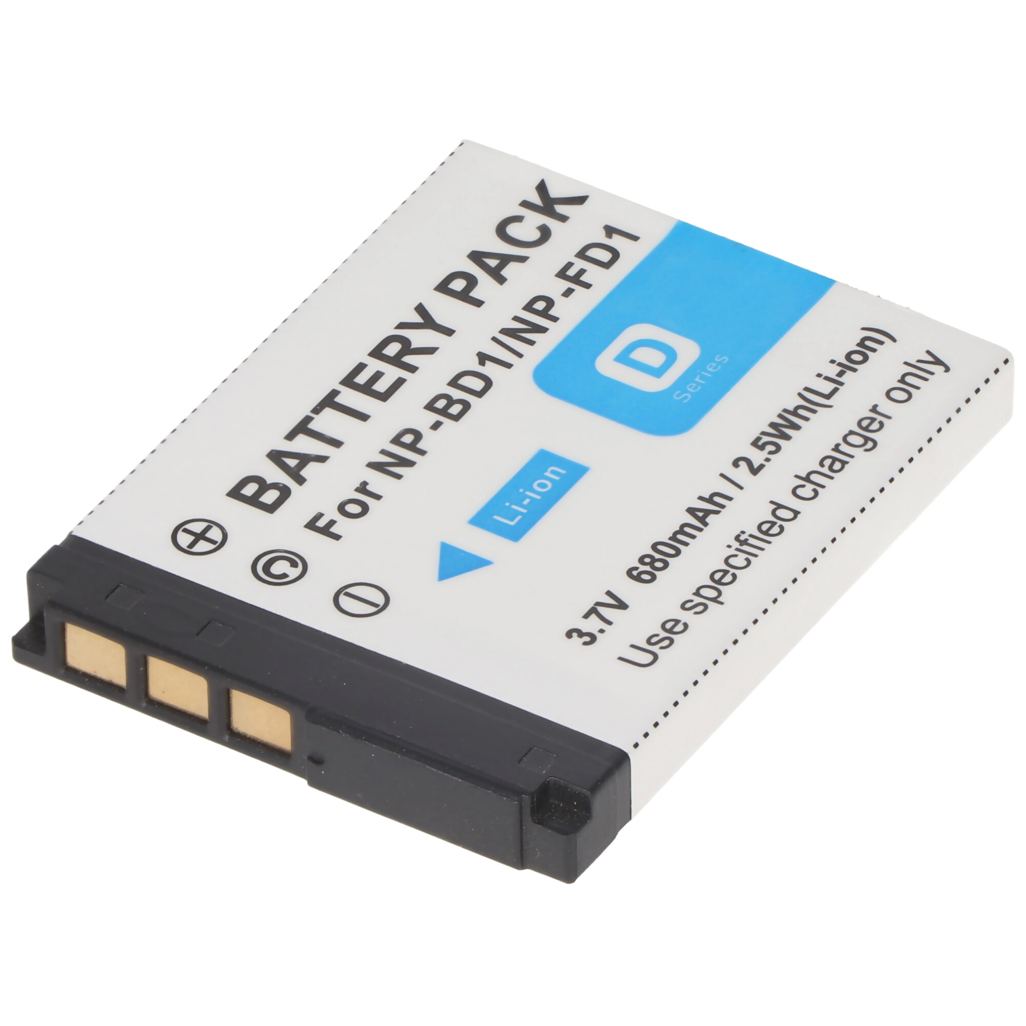 Weißes und schwarzes Akkupack mit der Aufschrift 'Battery Pack' und 'Li-ion', mit blauem Akzent.