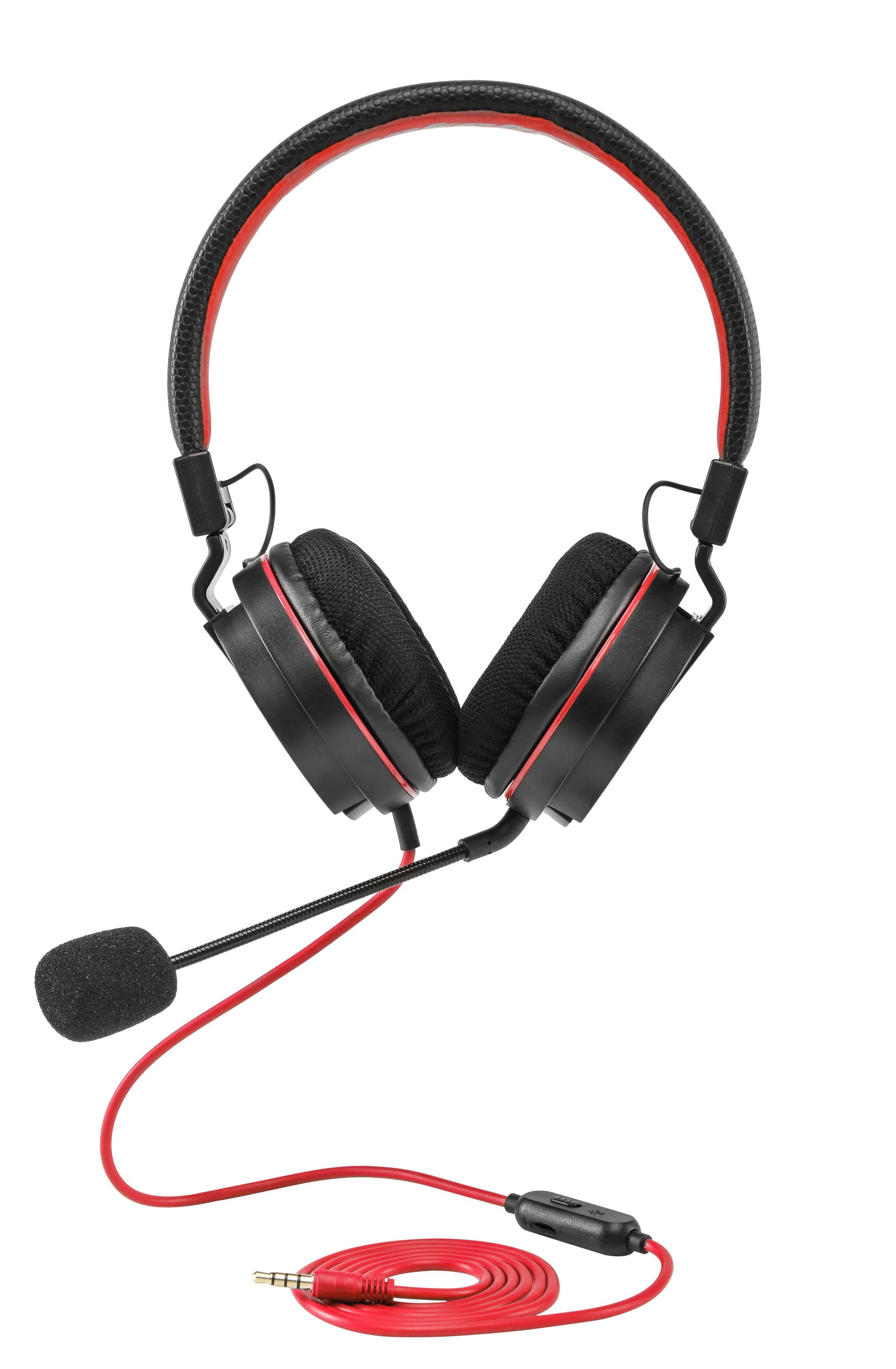 Czarne słuchawki z czerwonymi akcentami, mikrofonem i czerwonym kablem. Białe tło.