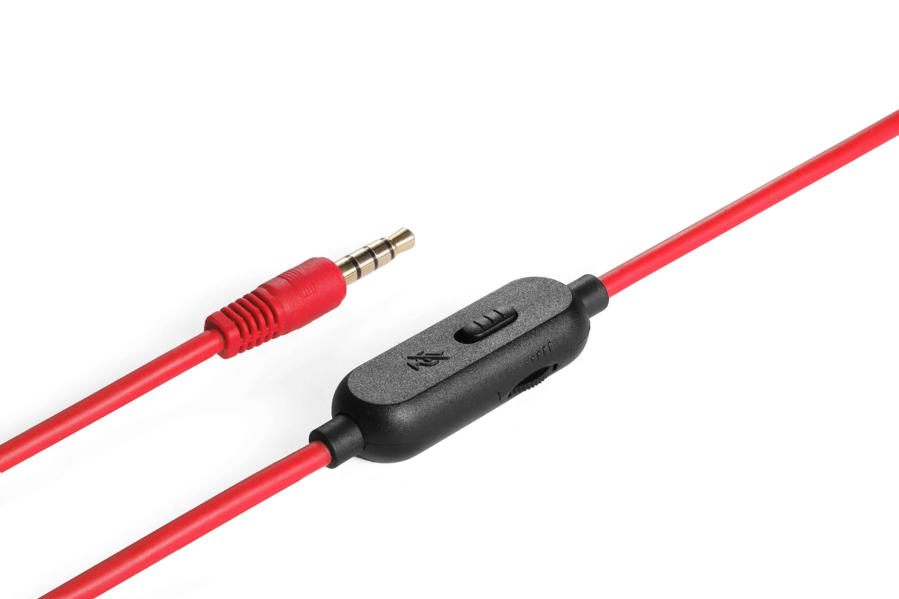 Czerwony kabel audio z wtyczką 3,5 mm i modułem sterowania z przyciskiem.