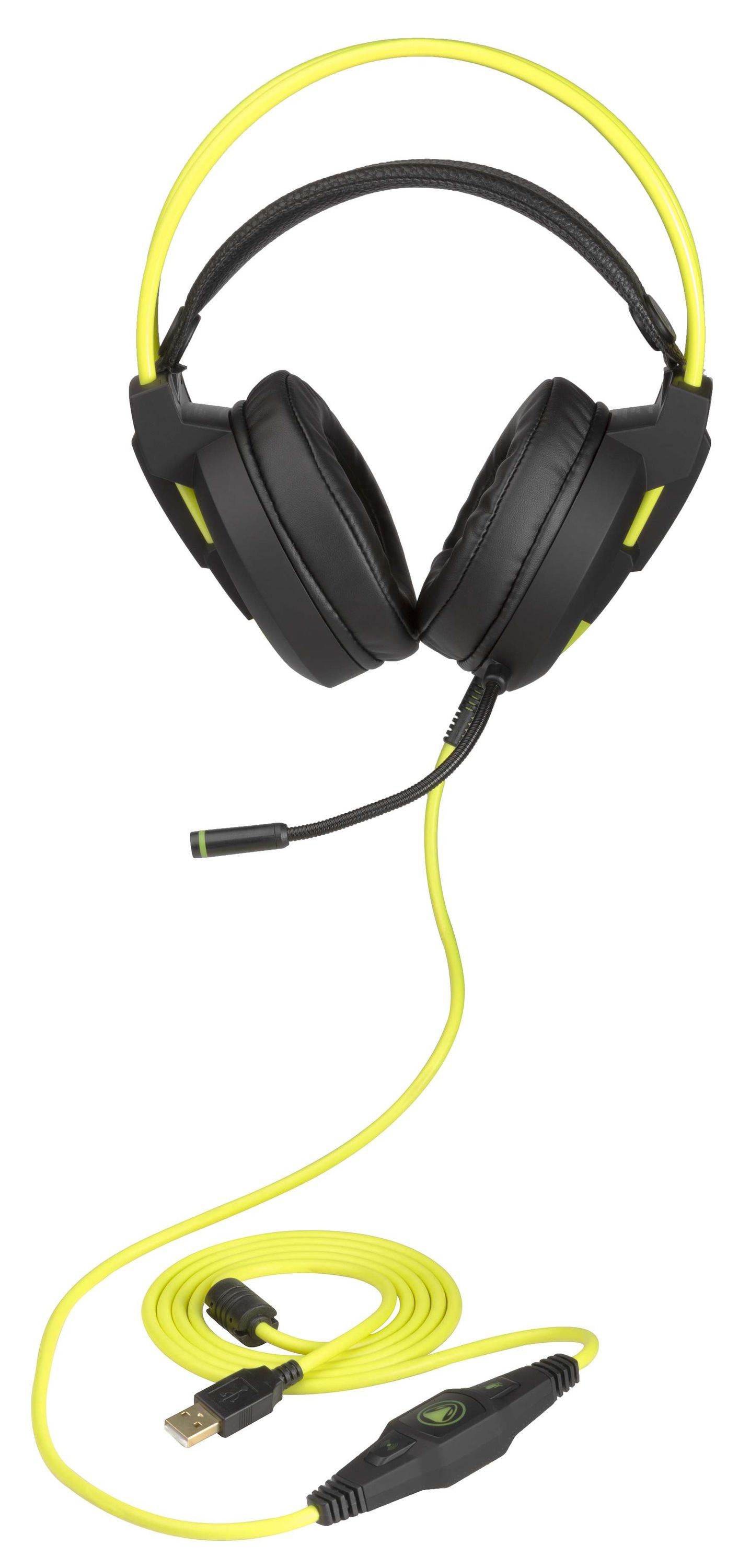 Schwarze und gelbe Gaming-Kopfhörer mit abnehmbarem Mikrofon und USB-Kabel.