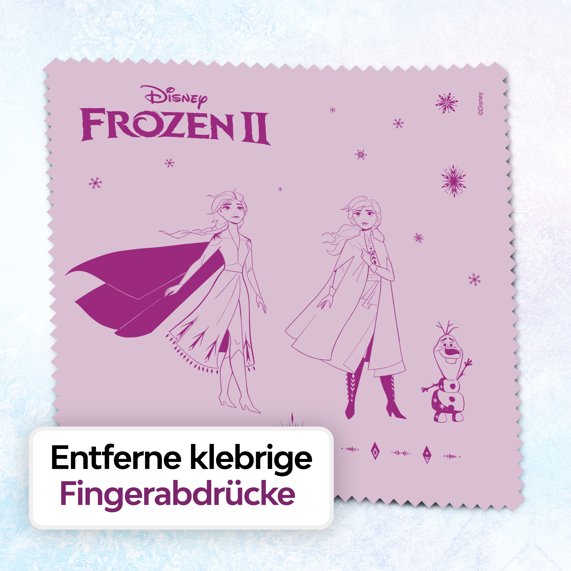 Rosa Tuch mit Frozen II-Figuren, Text und einer weißen Box mit der Aufschrift 'Fingerabdrücke entfernen'.