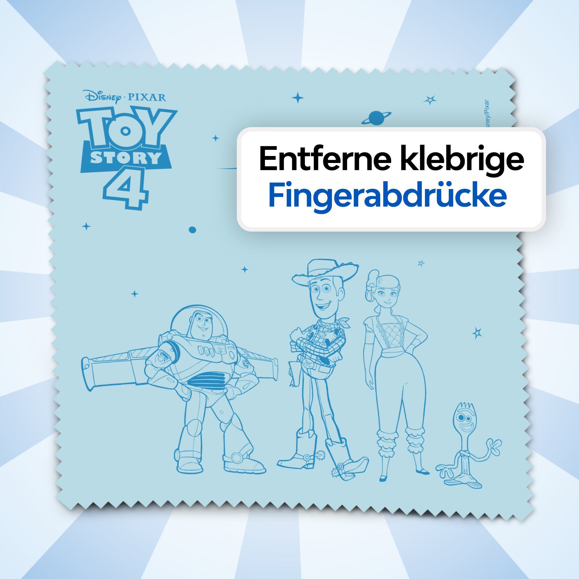 Ein Reinigungstuch mit Toy Story-Charakteren und Text. Der Text lautet: Fingerabdrücke entfernen.