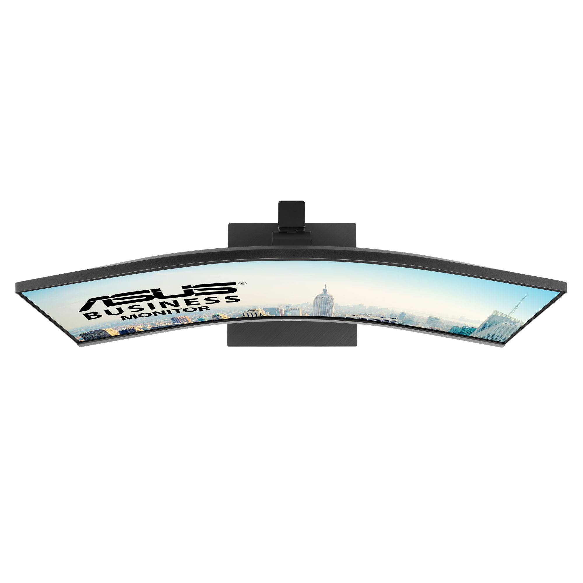 Ein schwarzer, gebogener Computermonitor mit dem ASUS Business Monitor-Logo und einer Stadtlandschaft.
