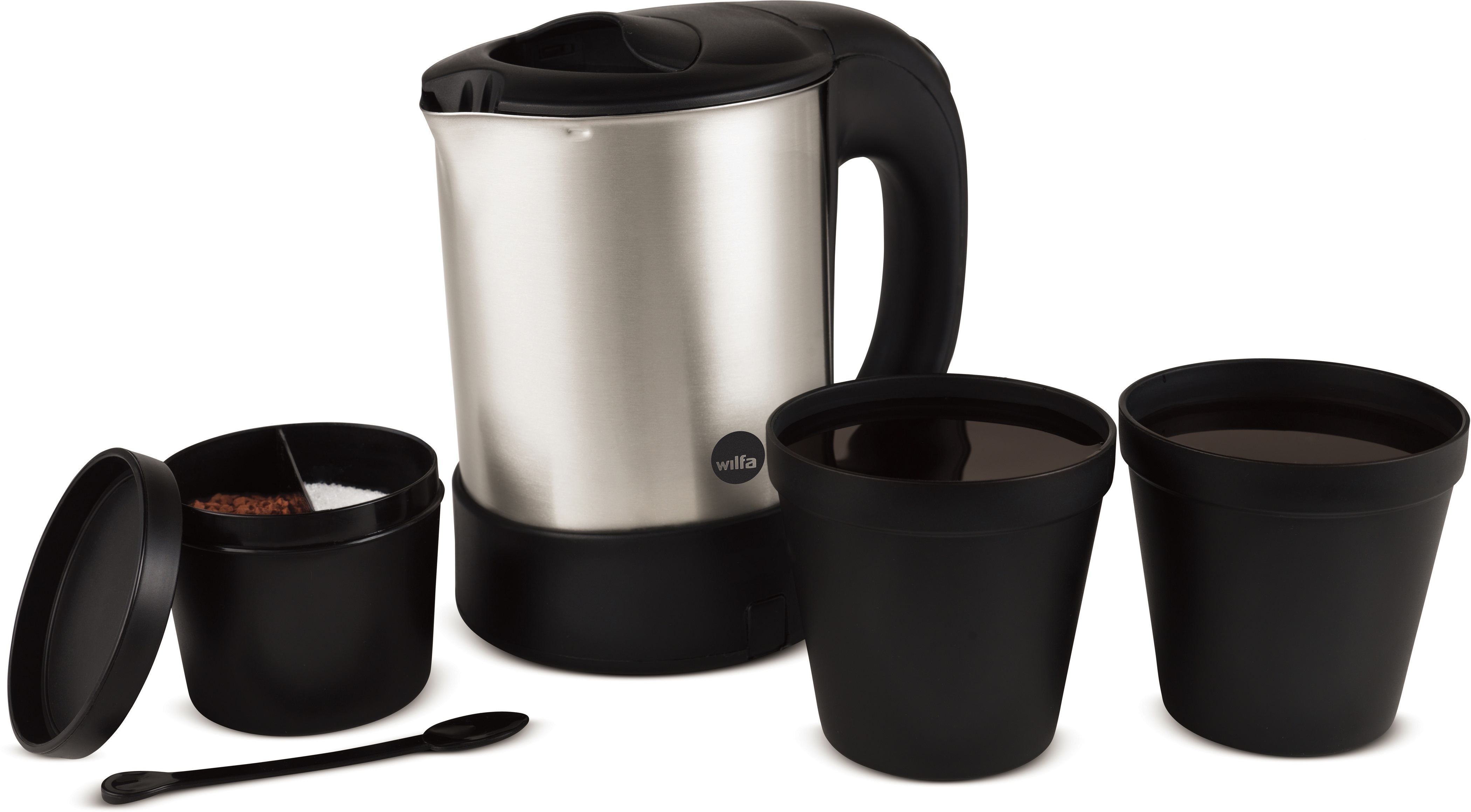 Bollitore da viaggio in acciaio inossidabile con due tazze nere, un coperchio nero e un contenitore con caffè.