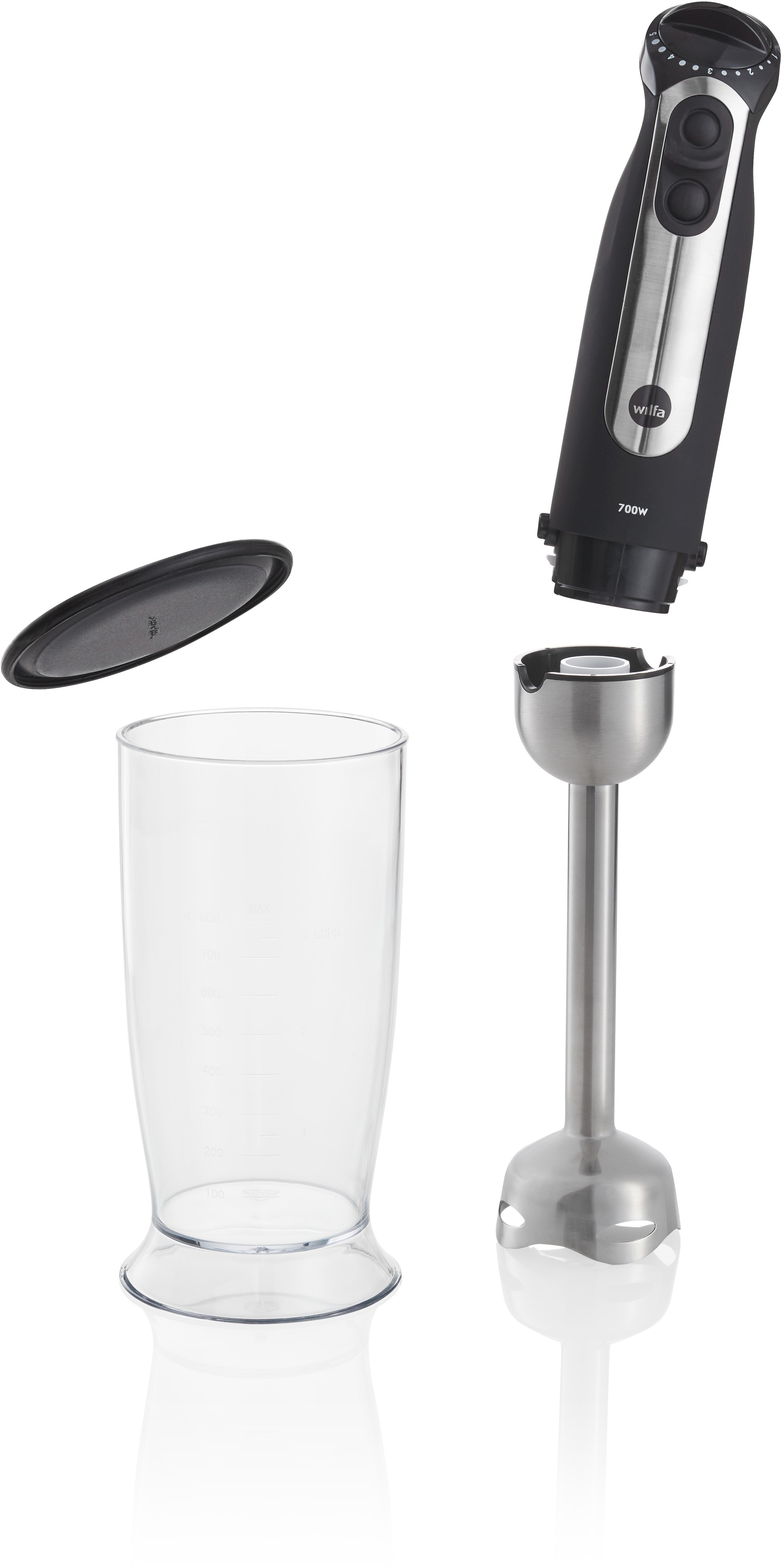 Vista explosionada de una batidora de mano con vaso, tapa y accesorio de batido.