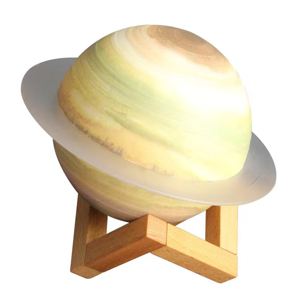 Eine planetenförmige Lampe auf einem Holzständer. Licht kommt vom Planeten.