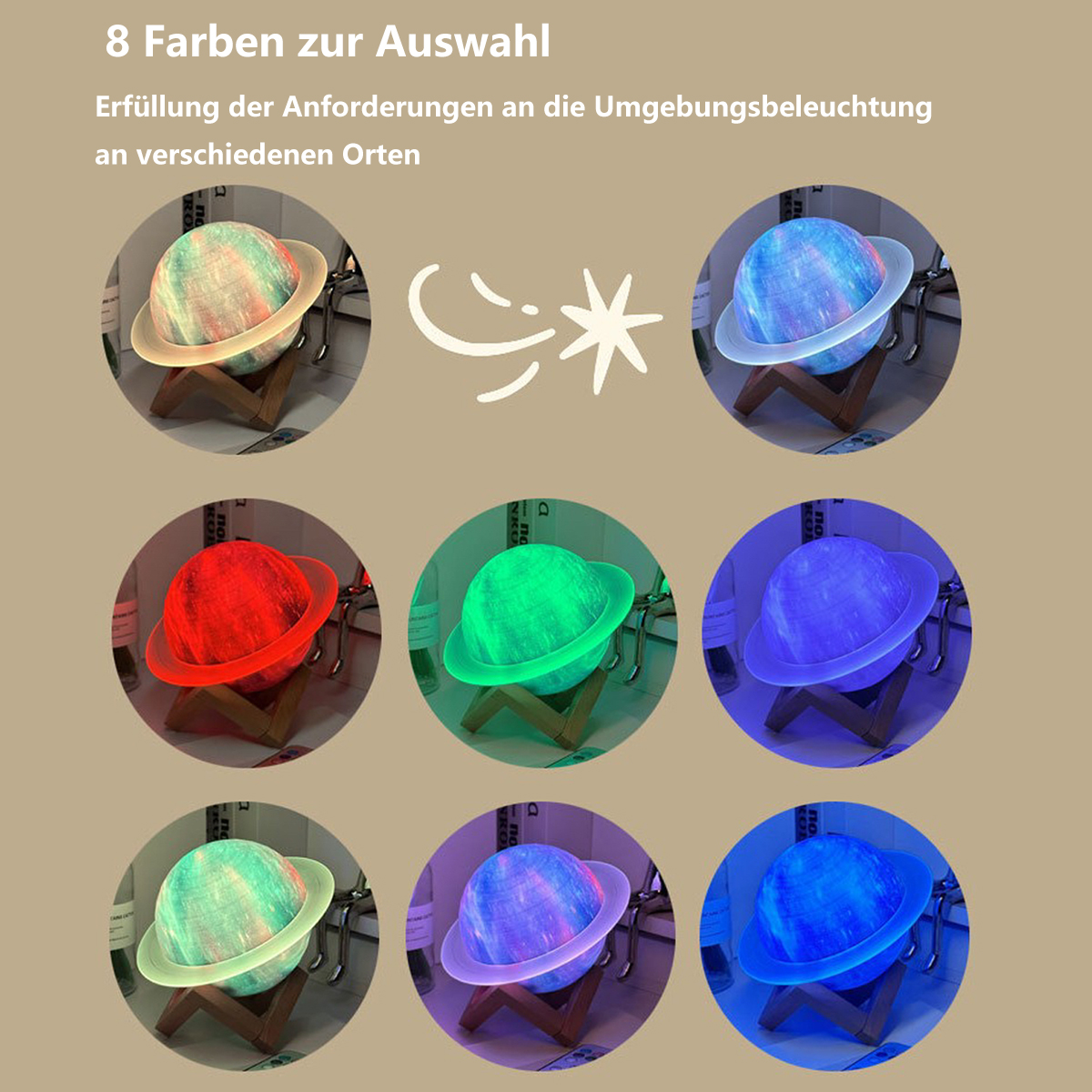Acht verschiedenfarbige planetenförmige Lampen auf Holzständern vor braunem Hintergrund.