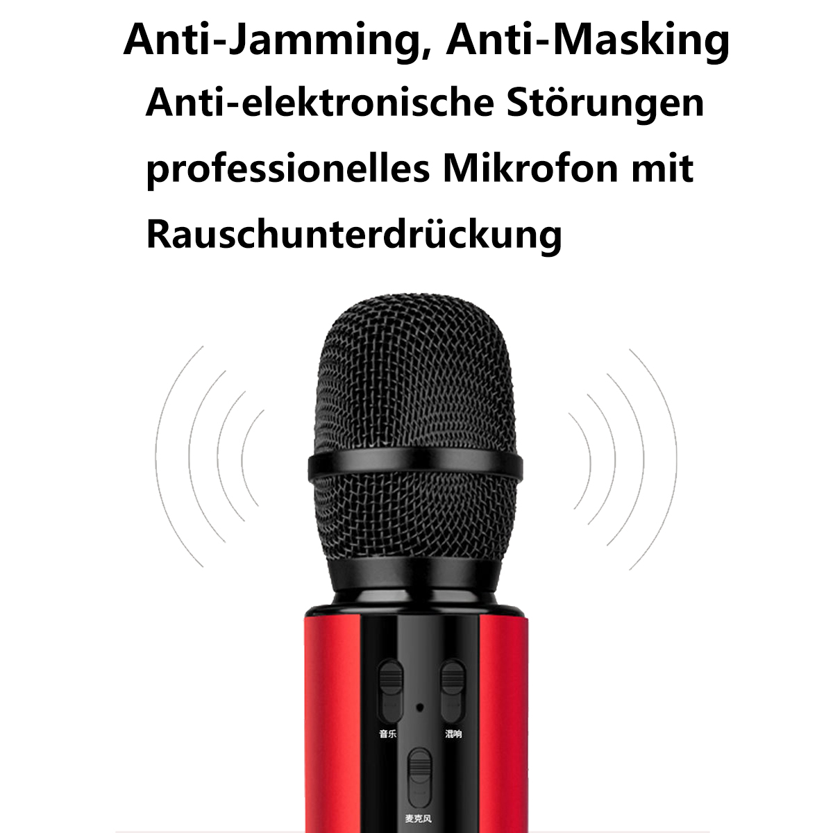 Schwarzes und rotes Mikrofon mit deutschem Text. Weißer Hintergrund.