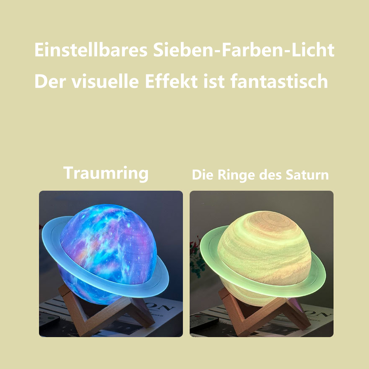 Zwei planetenförmige Lampen, eine blaue mit Galaxie-Design, die andere gelb.