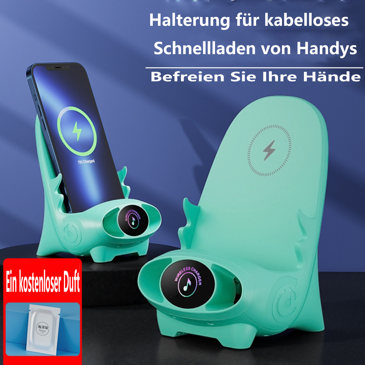 Zwei kabellose Ladeständer mit einem ladenden Telefon. Mintgrüne Farbe.