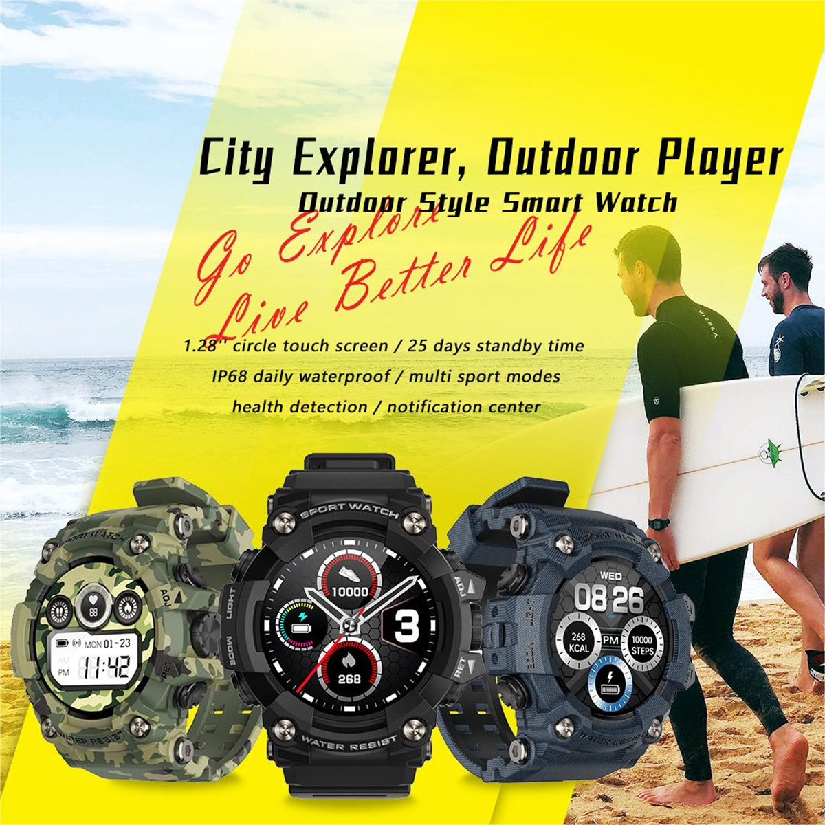 Drei Smartwatches, mit Text, der "City Explorer, Outdoor Player" bewirbt.