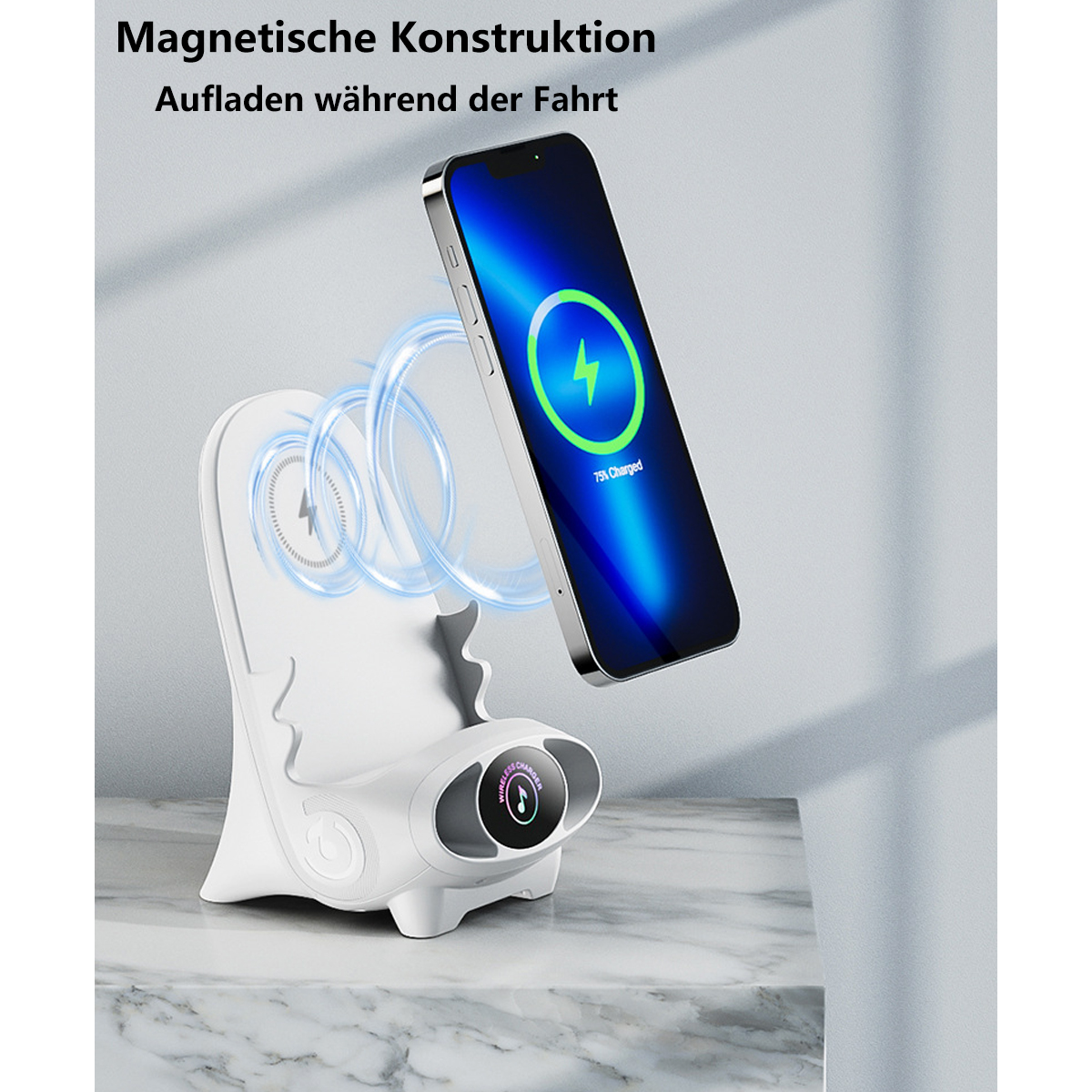 Weißer Telefonständer mit Ladegerät. Das Telefon ist schwarz und hat ein grünes Ladesymbol.