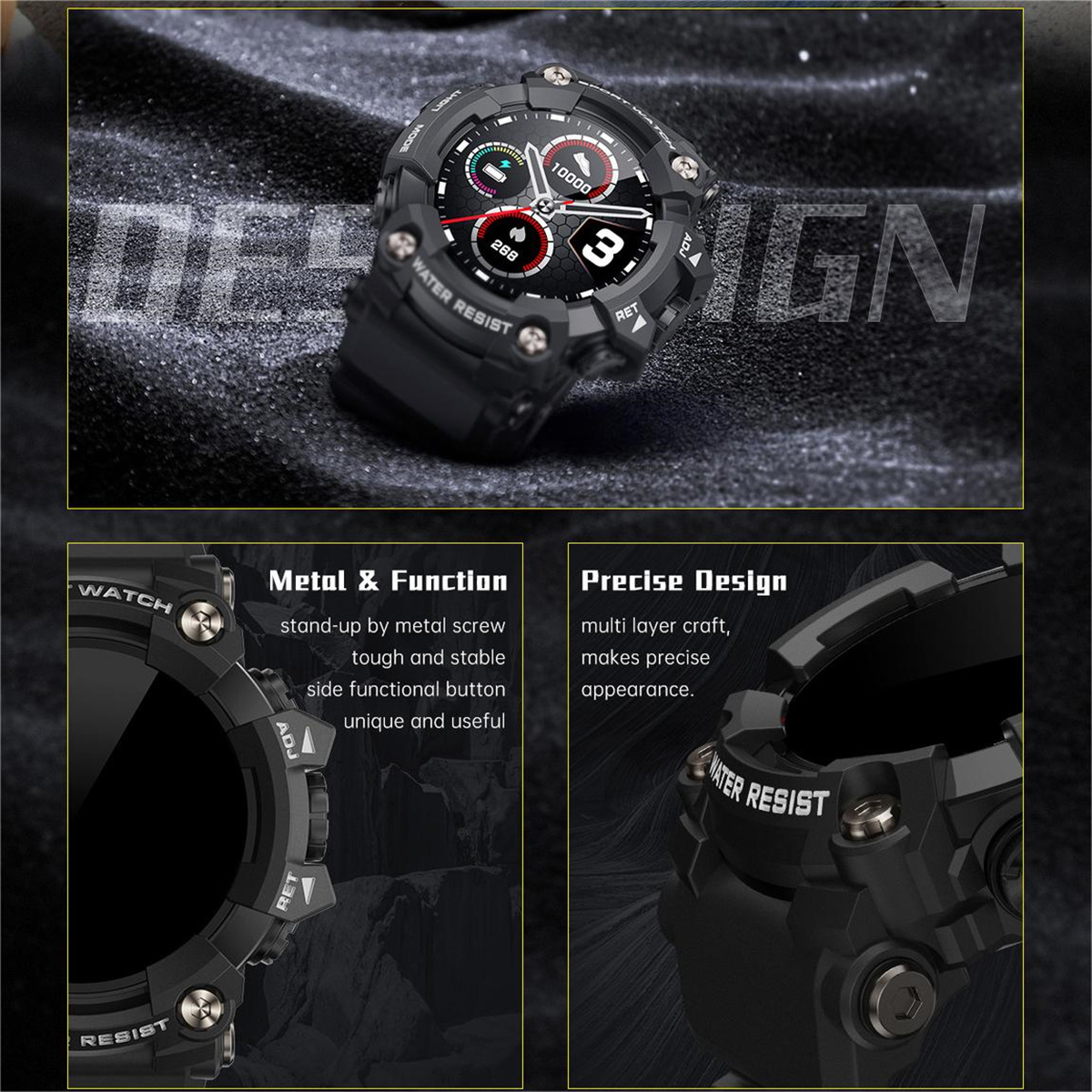 Smartwatch mit schwarzem Armband, zeigt Zifferblatt. Text: Water Resist.