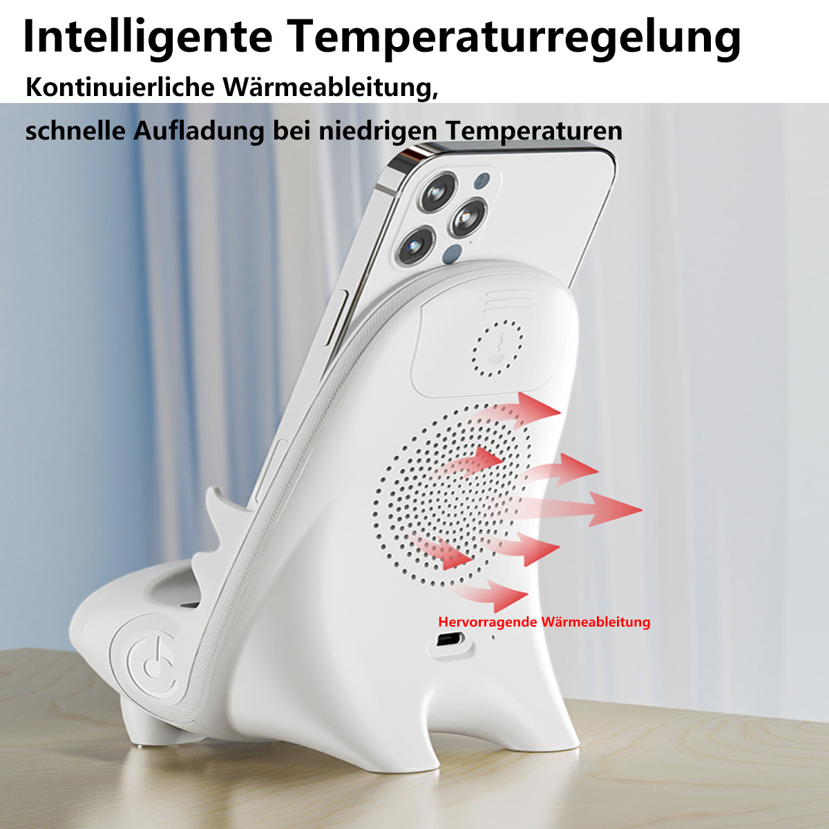 Ein weißer Telefon-Ladeständer mit Telefon, roten Pfeilen und Text zur Wärmeableitung.